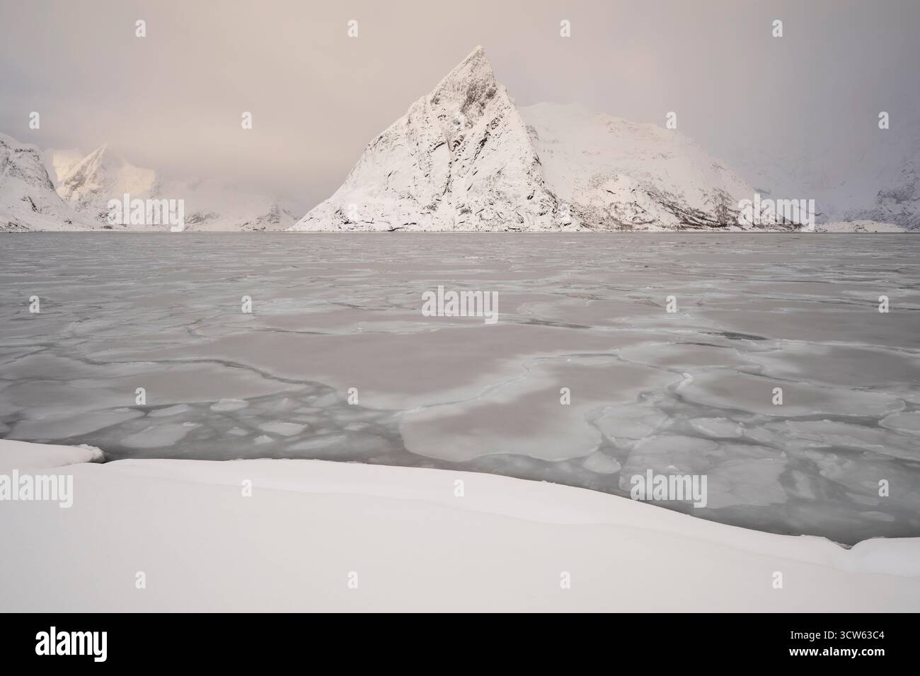 La montagna Olstind sul ghiaccio copriva Reinefjord, le isole Lofoten, Norvegia Foto Stock