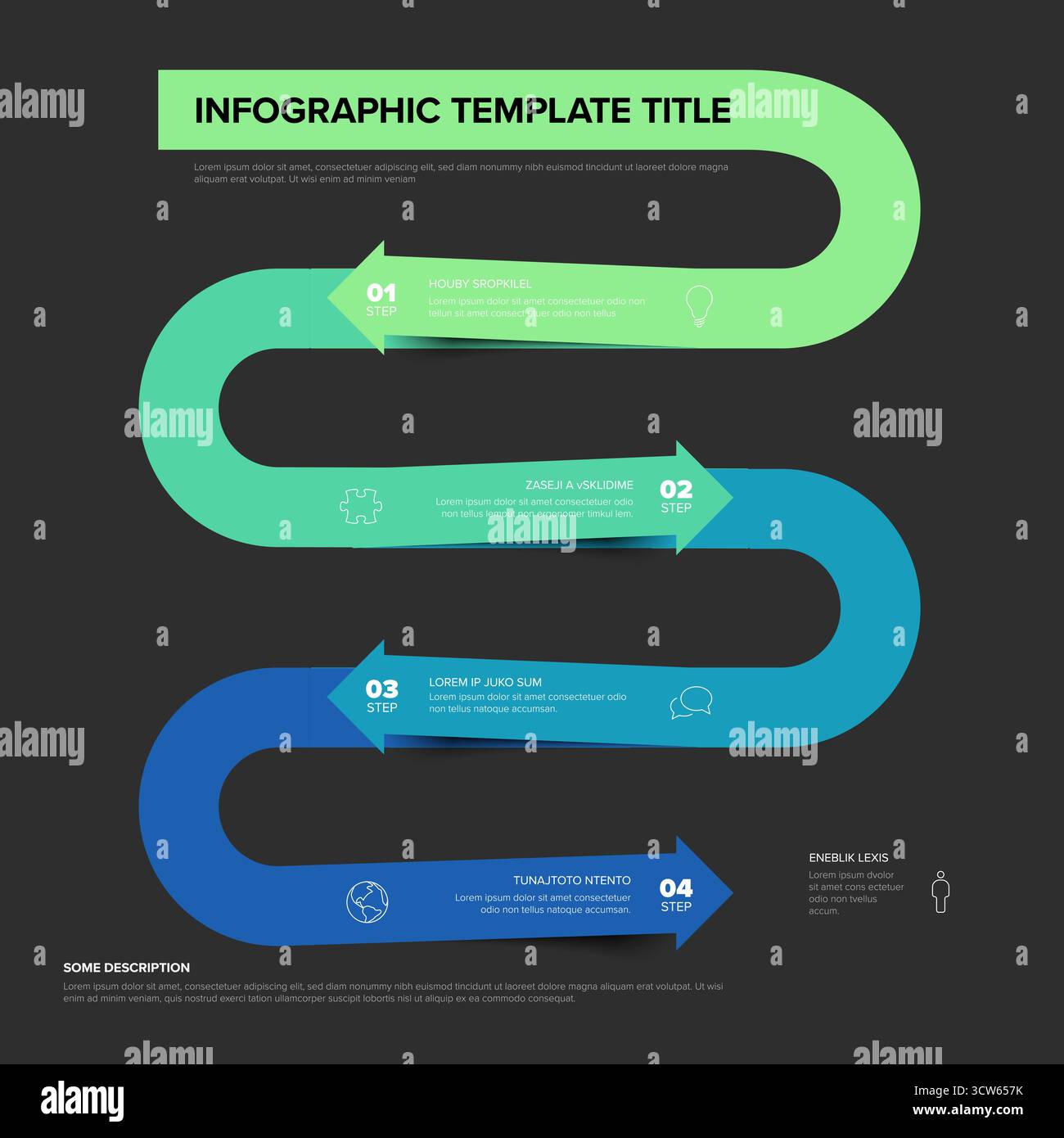 Modello infografico di avvolgimento dinamico con 4 passaggi su sfondo scuro, perfetto per le presentazioni. Questo modello versatile è un'ottima infografica Illustrazione Vettoriale
