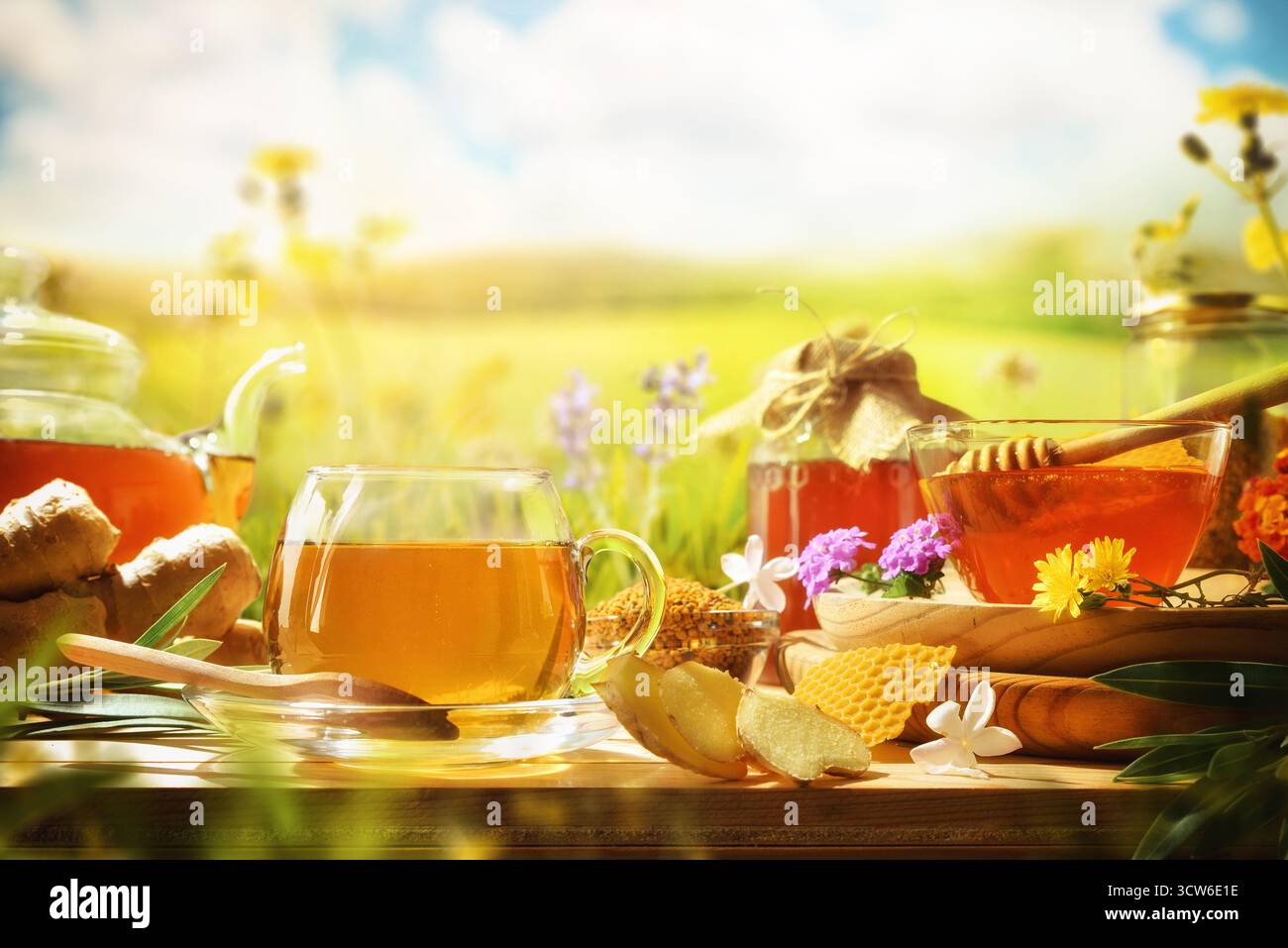 Infusi con prodotti naturali come la radice di zenzero, il polline e il miele su una tavola di legno in natura con un campo sullo sfondo. Vista frontale. Foto Stock