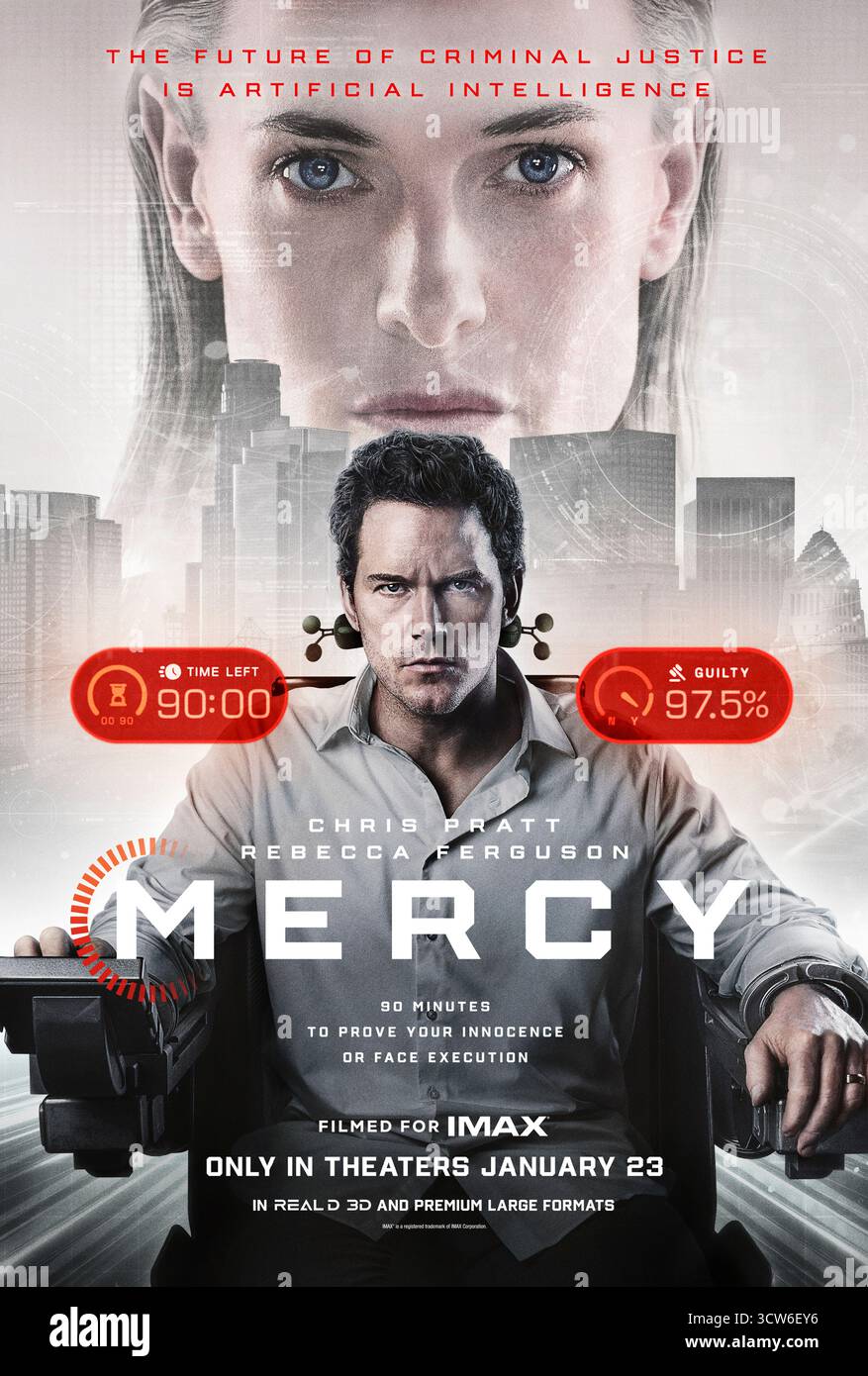 Mercy (2026) diretto da Timur Bekmambetov e interpretato da Chris Pratt, Rebecca Ferguson e Annabelle Wallis. In un mondo prossimo al futuro in cui il crimine è processato dall'intelligenza artificiale, un detective accusato di aver ucciso sua moglie deve dimostrare la sua innocenza in 90 minuti prima che un giudice dell'IA decida il suo destino. SOLO PER L'USO EDITORIALE del poster STATUNITENSE. Credito: BFA / Amazon MGM Studios Foto Stock