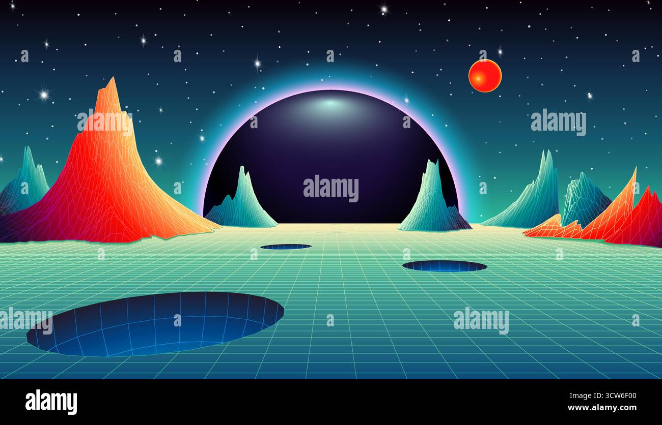 Paesaggio a griglia retrò futuristico con terreno surreale, buco nero luminoso sole e buchi crateri rotondi Illustrazione Vettoriale