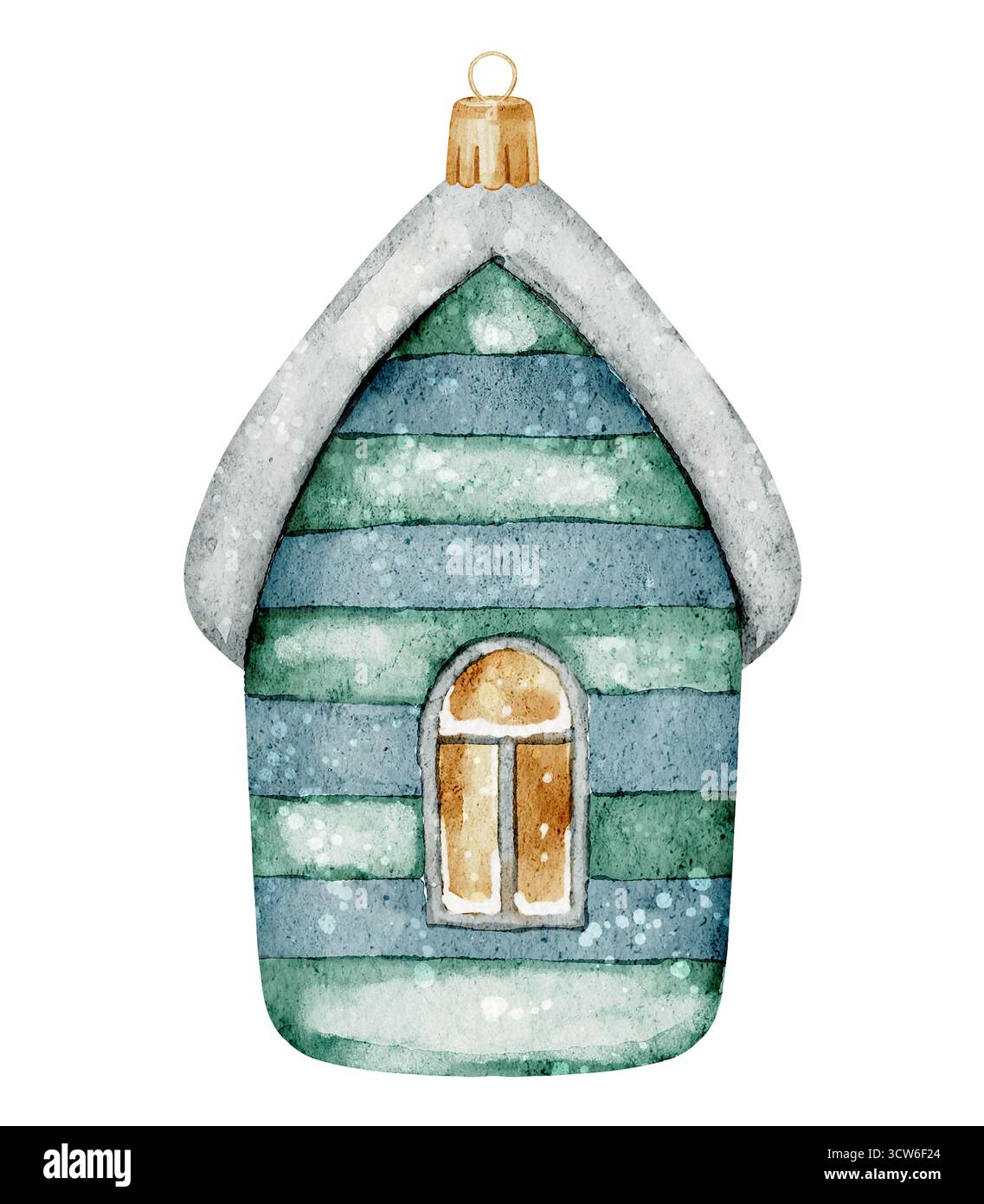 Illustrazione ad acquerello di un ornamento natalizio a forma di casa innevata con finestra e tetto. Disegno di bauble natalizio per biglietti natalizi, composizioni natalizie e progetti di Capodanno. Foto Stock