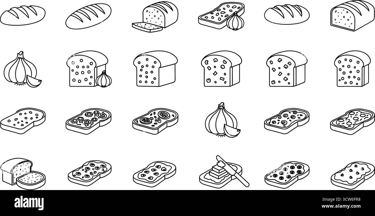 Collezione di varie icone del pane e dell'aglio, con una varietà di prodotti da forno e sapori Illustrazione Vettoriale