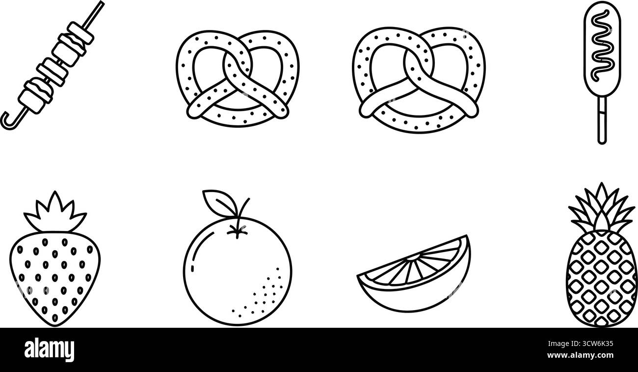 Delinea le icone degli spuntini estivi, tra cui frutta, pretzel e cani di mais su un bastone. Illustrazione Vettoriale