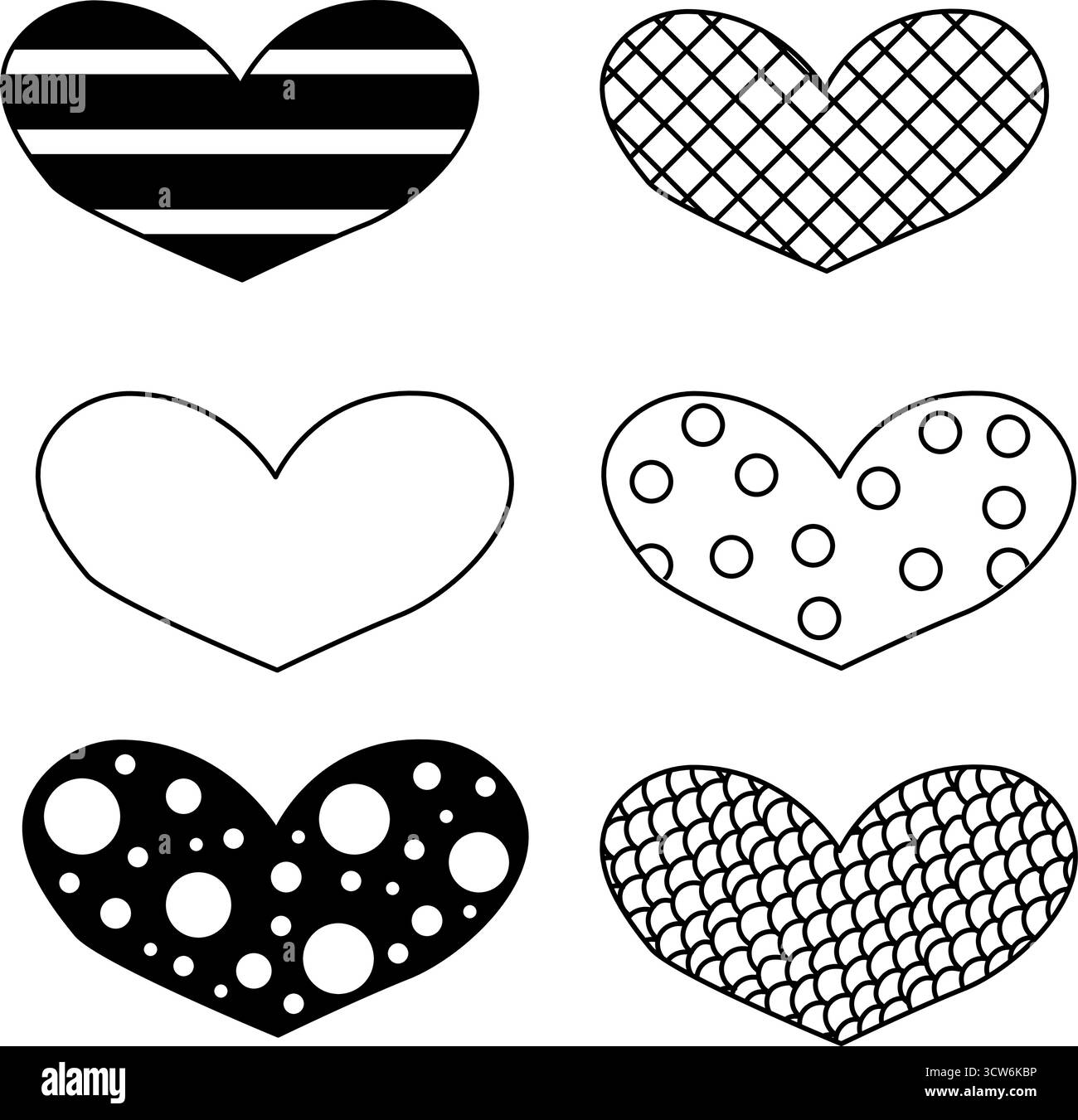 Set di sei cuori disegnati a mano. Isolato. Illustrazione della linea grafica vettoriale. Cuori per marcatore ruvido disegnati a mano isolati su sfondo bianco. Illustrati vettoriali Illustrazione Vettoriale