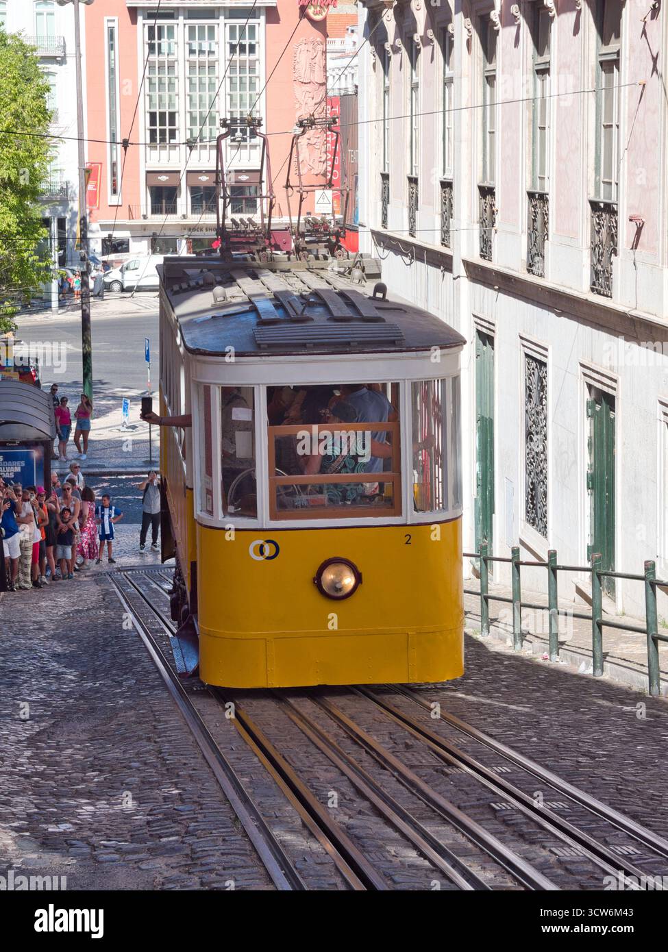 Funicolare di Glória sulla ripida collina di Lisbona - tram d'epoca giallo Elevador da Glória che sale sulla ripida collina di Bairro alto di Lisbona su una strada acciottolata, accanto Foto Stock