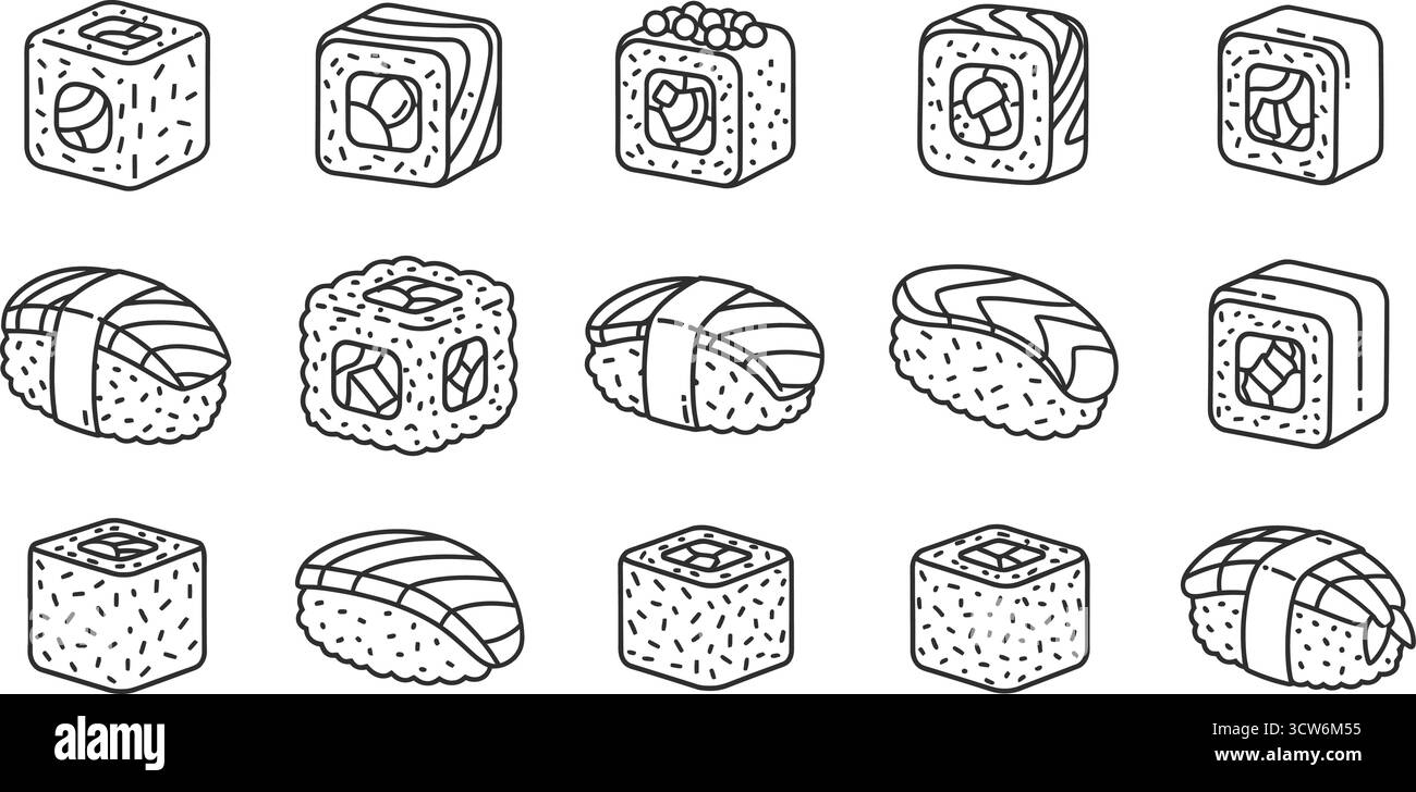 Vari sushi roll e nigiri, che mostrano una varietà di elementi della cucina tradizionale giapponese Illustrazione Vettoriale
