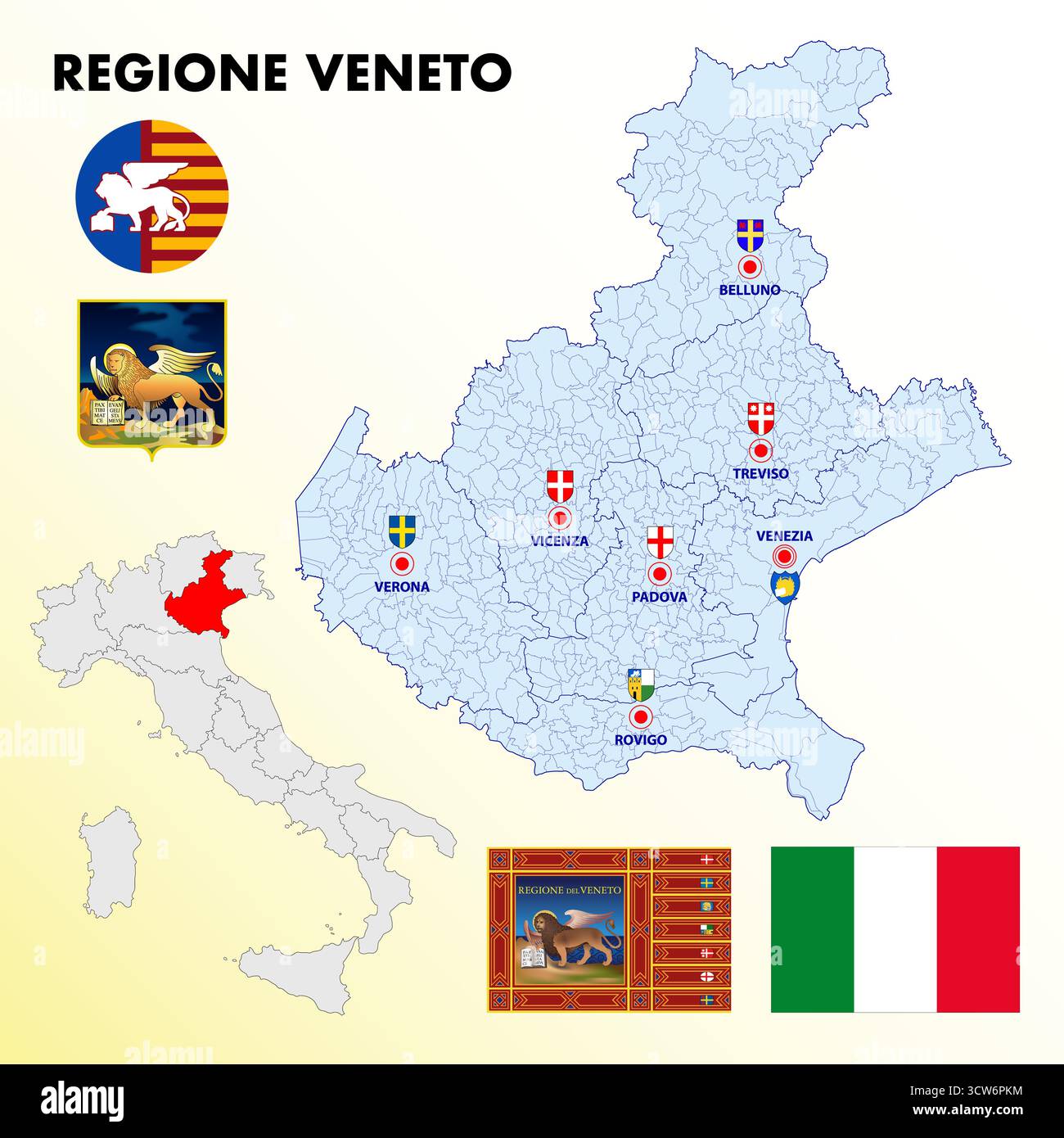 Veneto, Italia, mappa regionale e simboli della regione e delle città, illustrazione vettoriale Illustrazione Vettoriale
