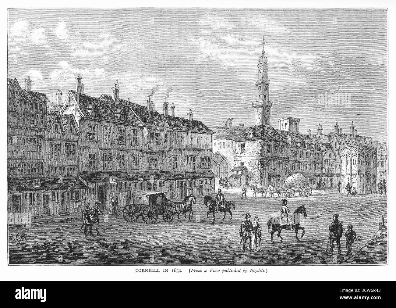 Un'incisione del XIX secolo di Cornhill nel 1630, un'area aperta con carrozze trainate da cavalli, persone a piedi, edifici e una chiesa lontana. Foto Stock