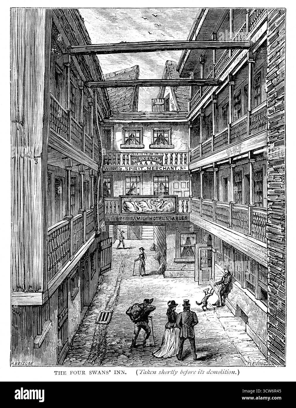 Un'incisione del XIX secolo del Four Swans Inn in Bishopsgate Street, Londra. La locanda fu demolita nel 1873 Foto Stock