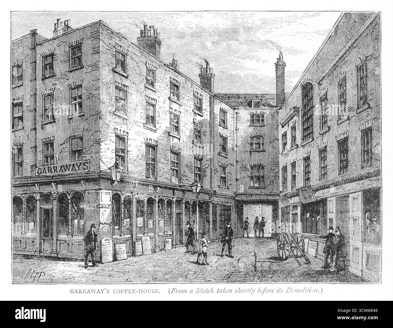 Un'incisione del XIX secolo dell'esterno della caffetteria di Garraway, fondata a metà del XVII secolo. Divenne famosa come panino e sala da bere. L'edificio fu distrutto da un incendio nel 1748, essendo stato aperto per 216 anni e chiuso definitivamente nel 1866. Foto Stock