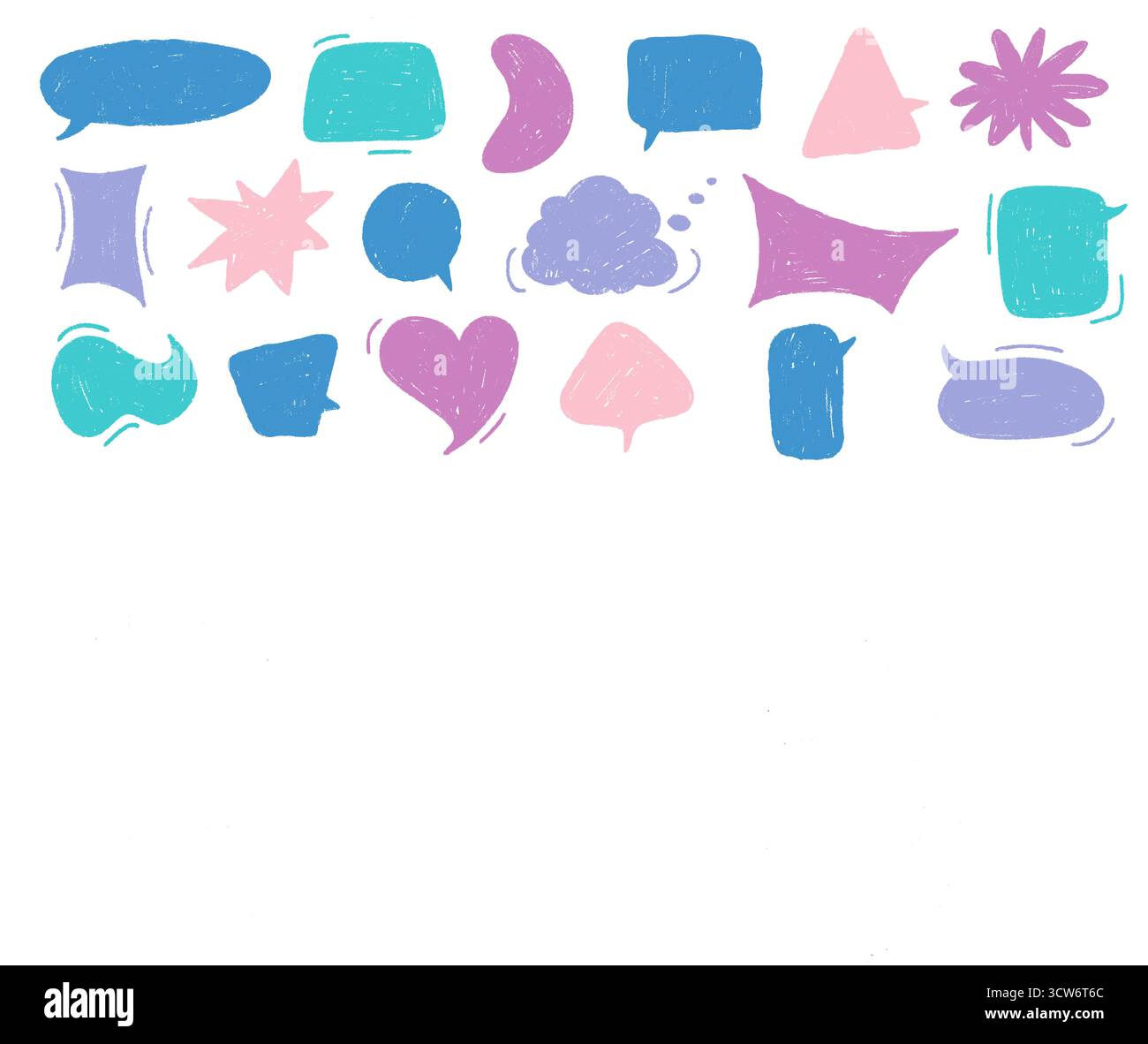 Crayon Doodle Speech Bubble Collection. Cornici per parlare con gesso disegnate a mano. Set di caselle di testo carine per Chat e adesivi Illustrazione Vettoriale