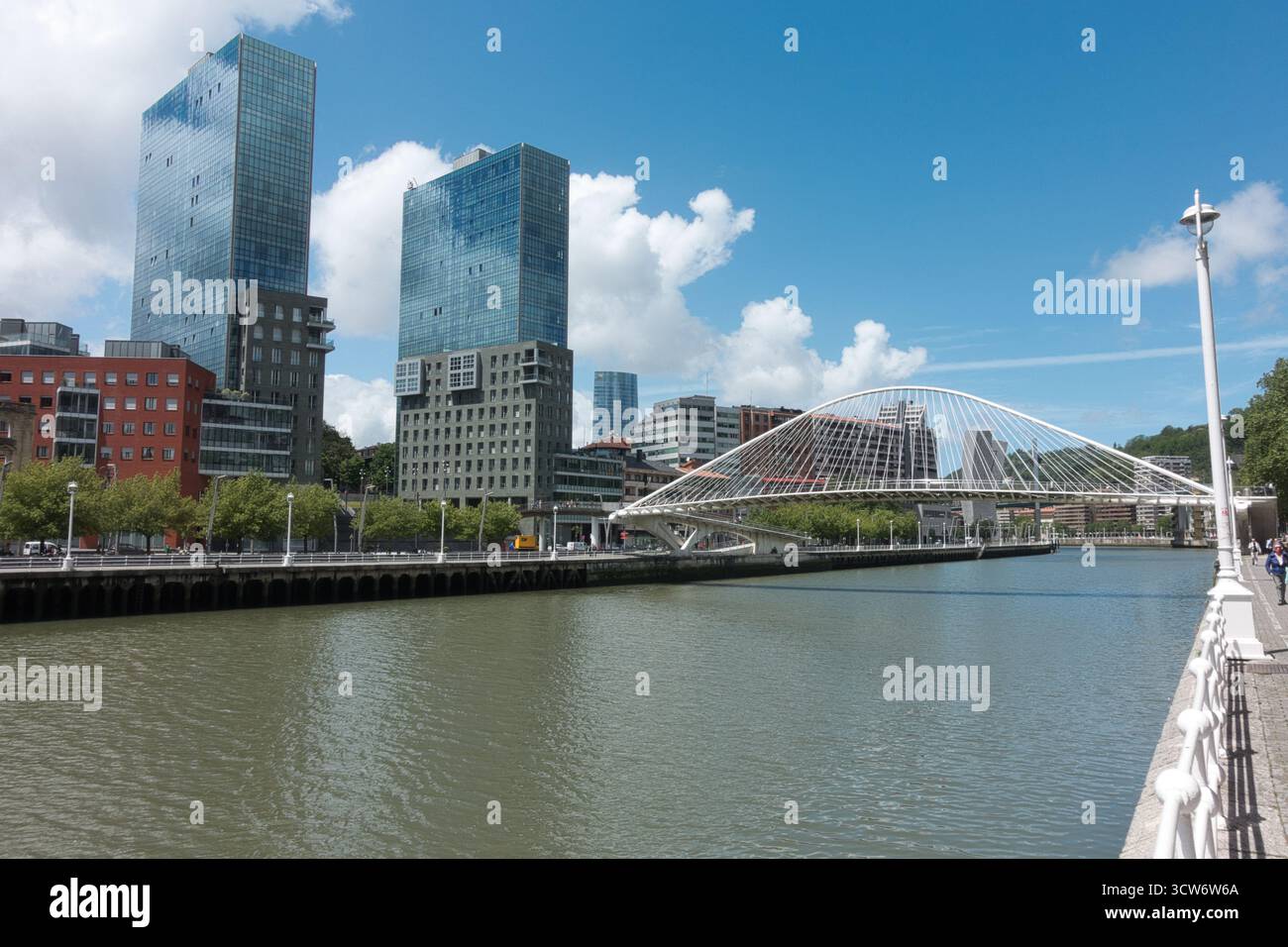Panorama di Bilbao lungo il fiume Nervión e Zubizuri - lo skyline di Bilbao con le moderne torri Isozaki e il ponte Zubizuri, visto dalla sc Foto Stock