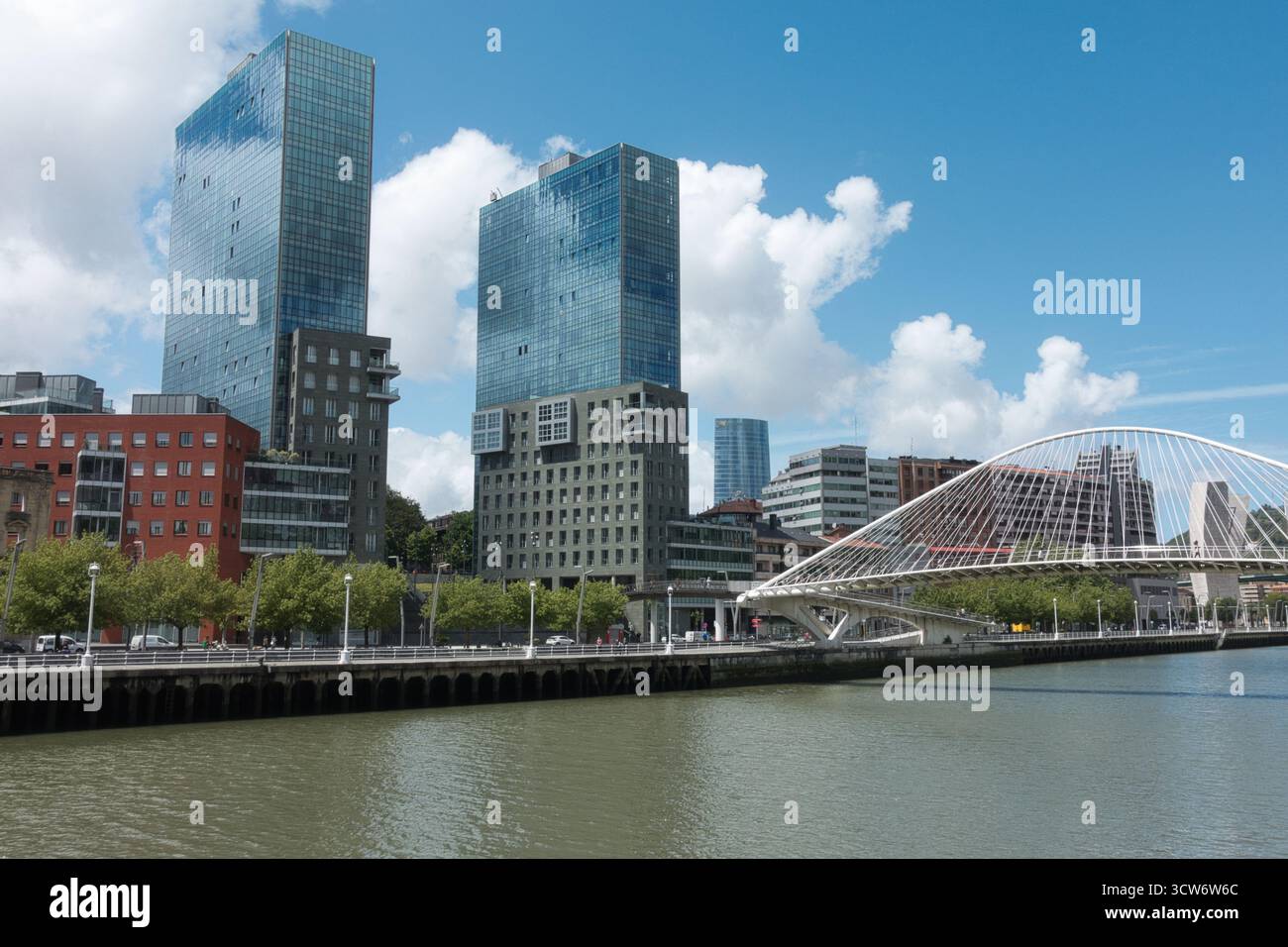 Panorama di Bilbao lungo il fiume Nervión e Zubizuri - lo skyline di Bilbao con le moderne torri Isozaki e il ponte Zubizuri, visto dalla sc Foto Stock