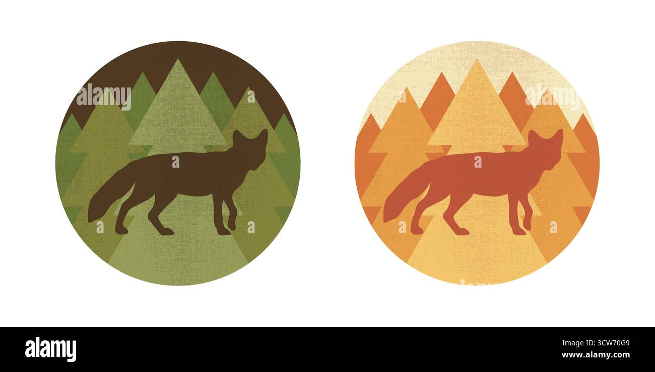 Emblemi rotondi con una silhouette di volpe sullo sfondo della foresta. Animale della foresta. Illustrazione vettoriale Illustrazione Vettoriale