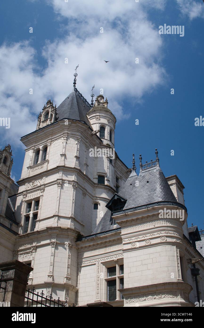 Dettagli esterni Renaissance Château - dettaglio di una splendida pietra bianca di Tuffeau rinascimentale château nella Valle della Loira, Francia, con torrette, sl Foto Stock