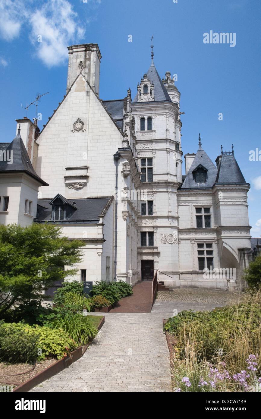 Dettagli esterni Renaissance Château - dettaglio di una splendida pietra bianca di Tuffeau rinascimentale château nella Valle della Loira, Francia, con torrette, sl Foto Stock
