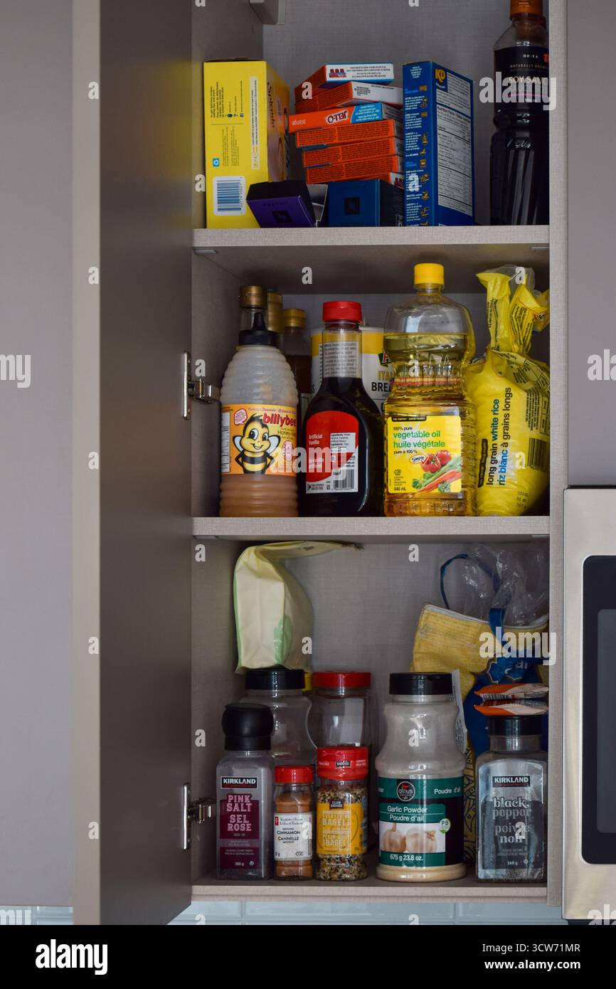 28 settembre 2025 - Toronto, Ontario, Canada: Ripiani della dispensa di cucina organizzati con vasetti di erbe secche, spezie e alimenti essenziali Foto Stock