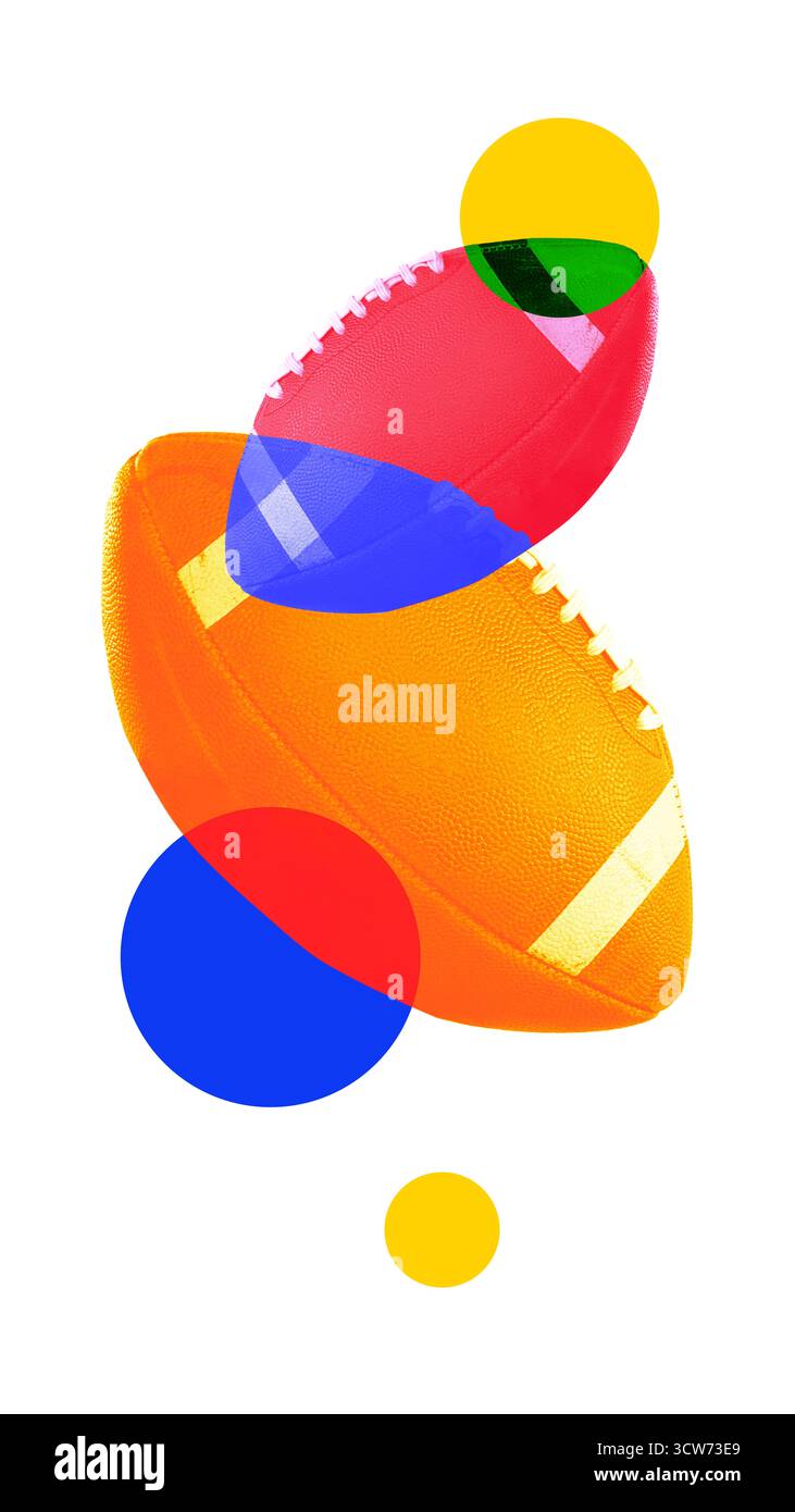 Composizione astratta di palloni da calcio americani con forme geometriche di colore. Foto Stock