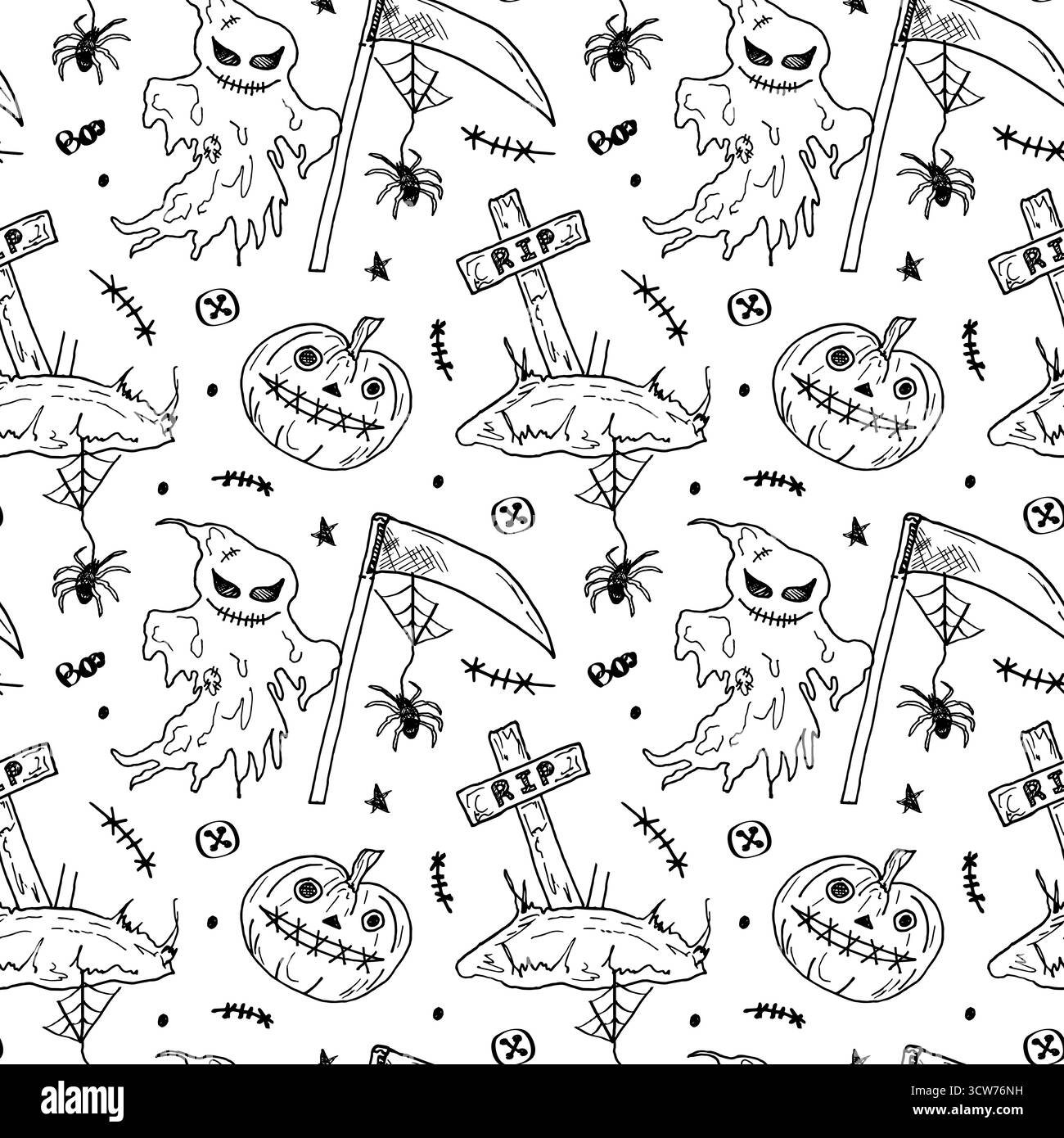 Motivo di Halloween senza cuciture con fantasmi, tombe, ragni e zucche spaventosi. Progettazione con disegni di contorno in stile doodle. Design pronto all'uso per confezioni, tessuti, striscioni e carta da imballaggio per le feste. Illustrazione Vettoriale