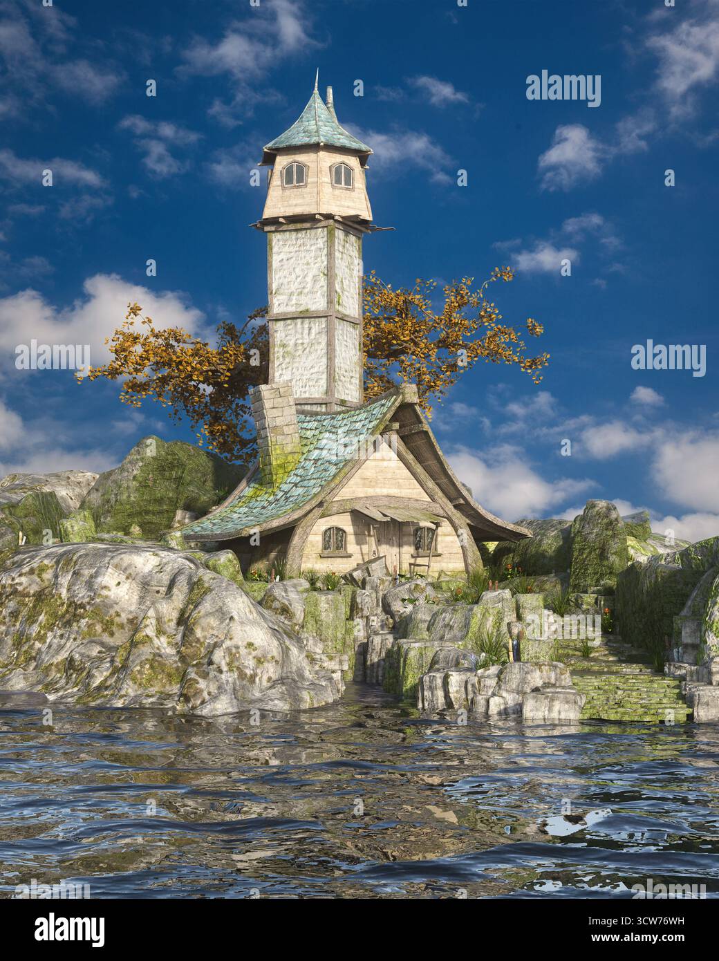 Fantasy cottage con una torre su un'isola vicino al mare. Illustrazione 3D. Foto Stock
