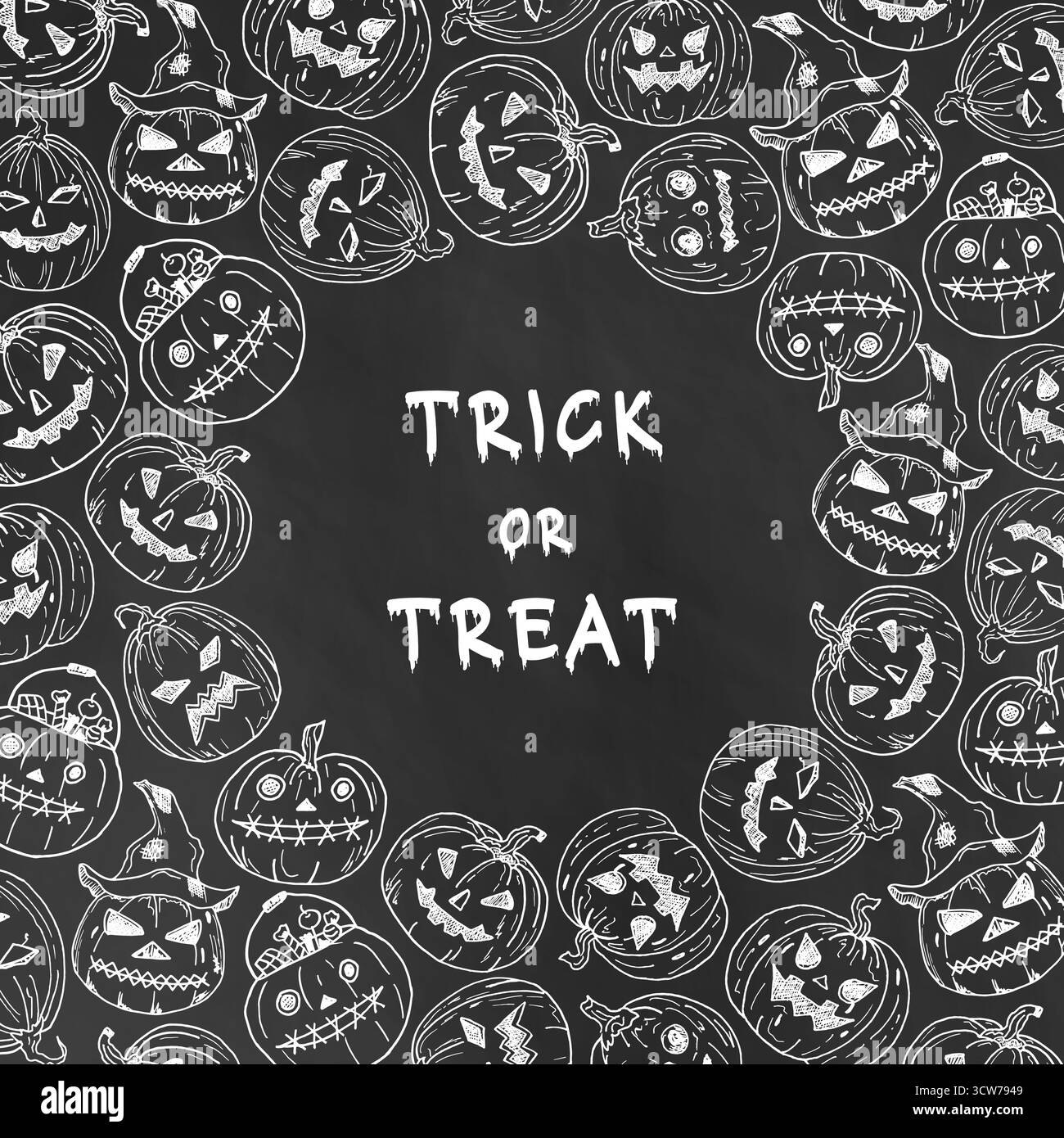 Cornice quadrata per zucca di Halloween su sfondo nero. Testo rotondo circondato da spaventose zucche sorridenti. Modello di sfondo della festa di Halloween, invito, banner, sito Web, design del prodotto Illustrazione Vettoriale