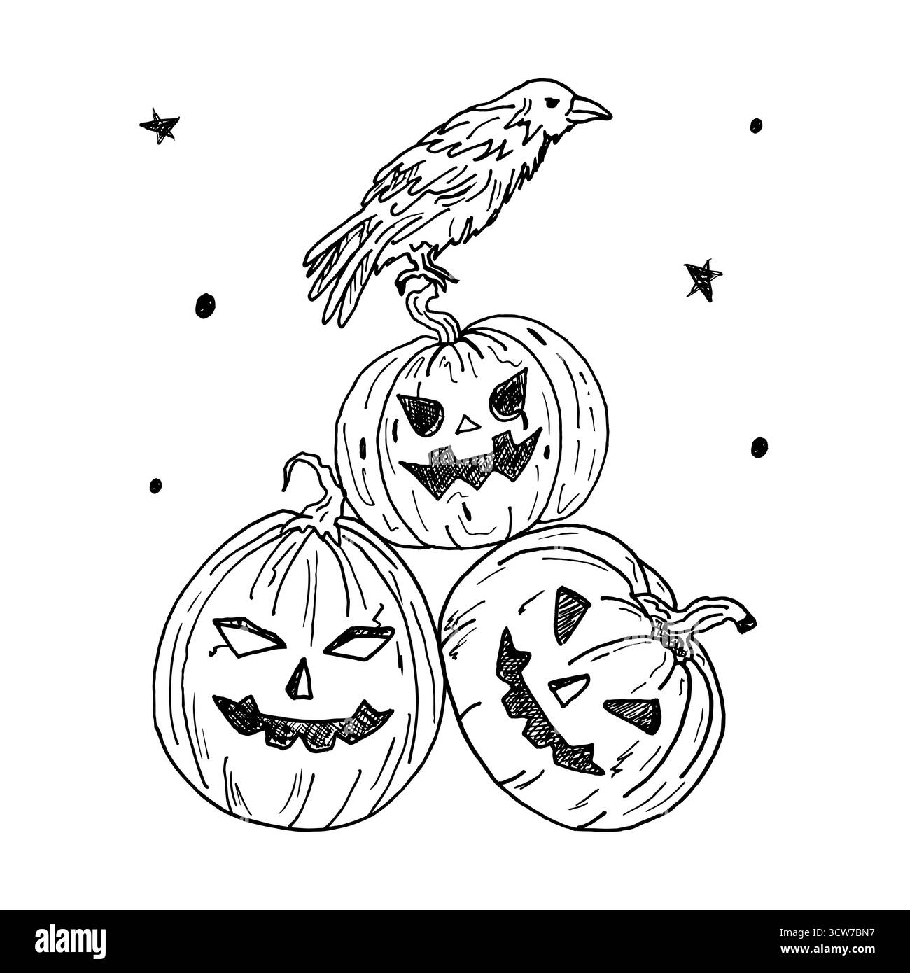 Composizione di Halloween con zucche sorridenti e corvo. Disegni a doodle con contorni neri. Disegni per la stampa su t-shirt, borse, cartoline, inviti. Una collezione autunnale di spaventose zucche. Illustrazione Vettoriale