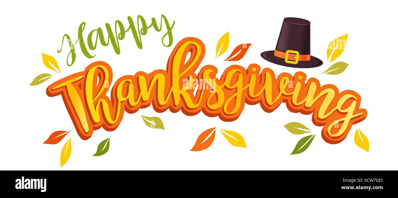Illustrazione vettoriale di un testo di felice Ringraziamento con cappello e foglie da pellegrino. Felice giorno del Ringraziamento. Illustrazione Vettoriale