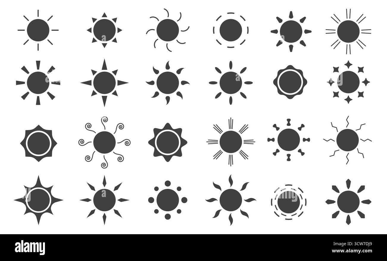 Icone vettoriali di sole in stile piatto. Emblemi vettoriali del sole. Illustrazione Vettoriale