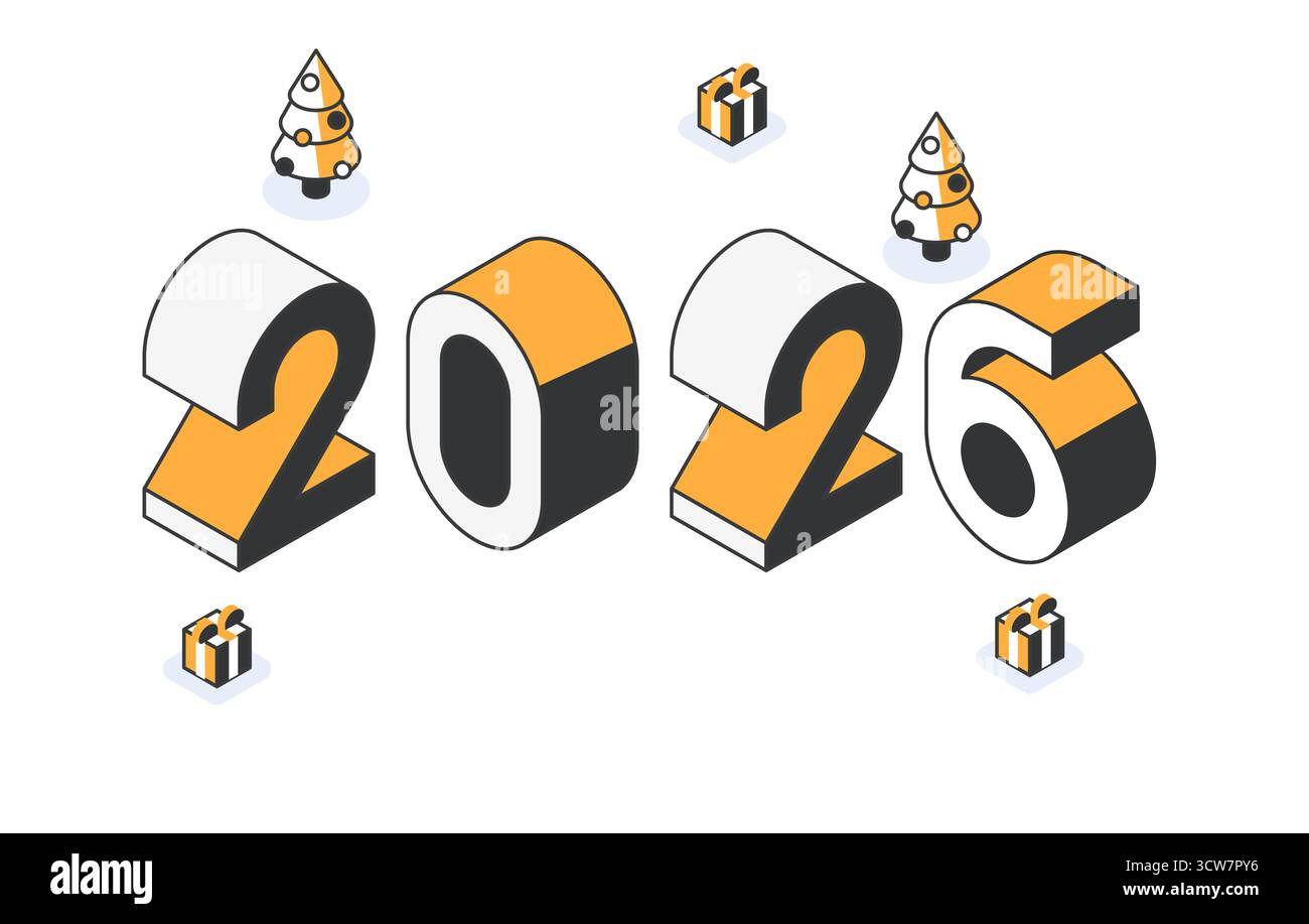 Design di poster di Capodanno 2026 con numeri isometrici, alberi di Natale e regali. Poster dal design semplice nei colori giallo e nero Illustrazione Vettoriale