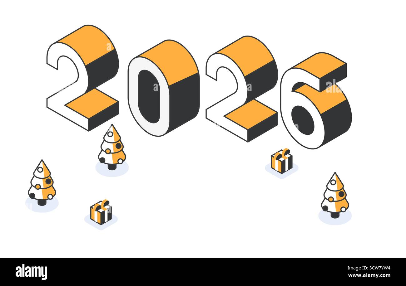 Design di poster di Capodanno 2026 con numeri isometrici, alberi di Natale e regali. Poster dal design semplice nei colori giallo e nero Illustrazione Vettoriale
