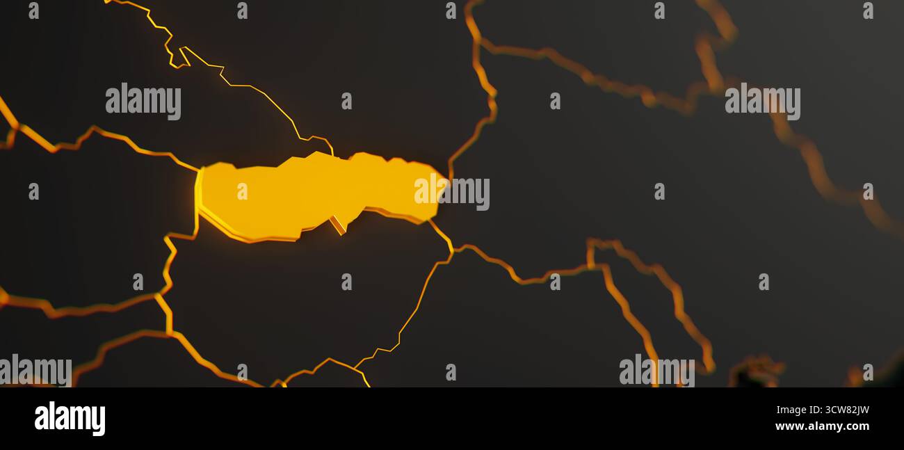 Mappa 3d della Slovacchia dorata circondata da altri paesi in nero con bordi dorati e dof poco profondi. Europa carta politica con confini Foto Stock
