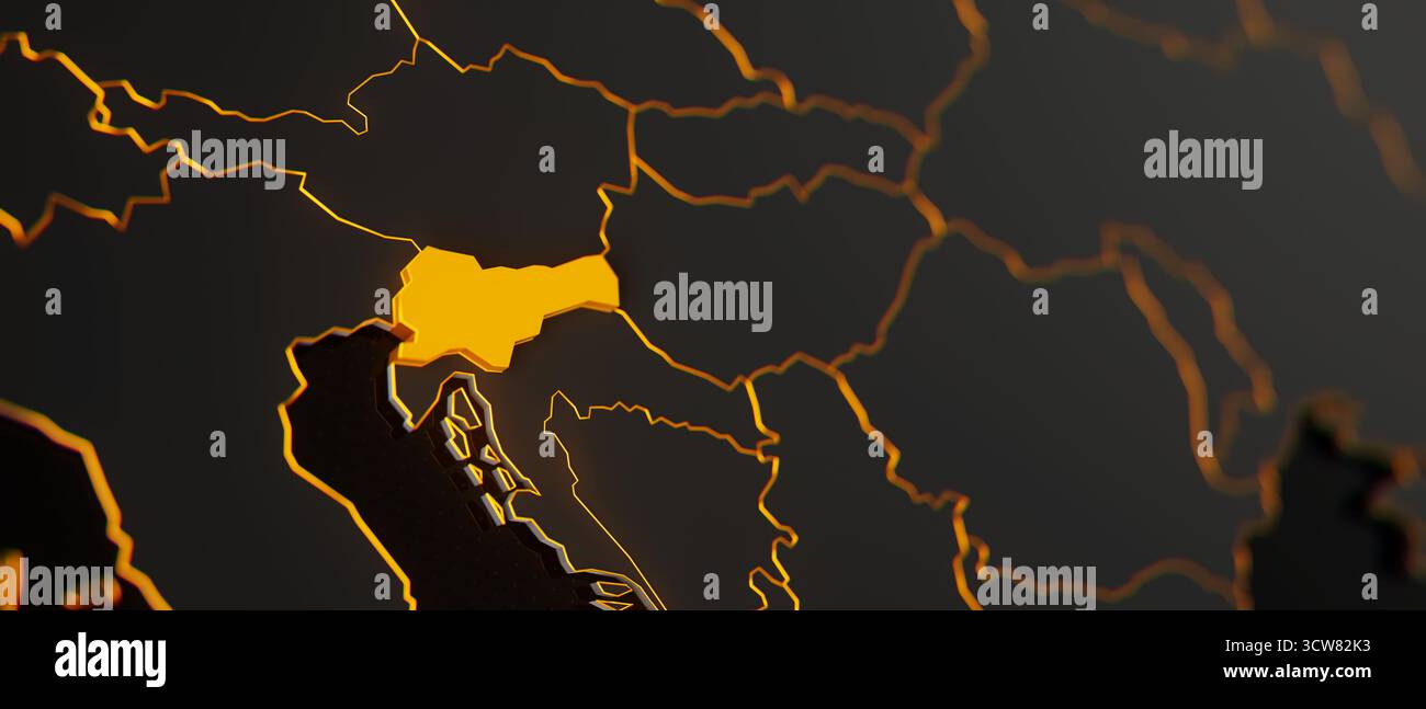 Mappa 3d della Slovenia dorata circondata da altri paesi in nero con bordi dorati e dof poco profondi. Europa carta politica con confini Foto Stock