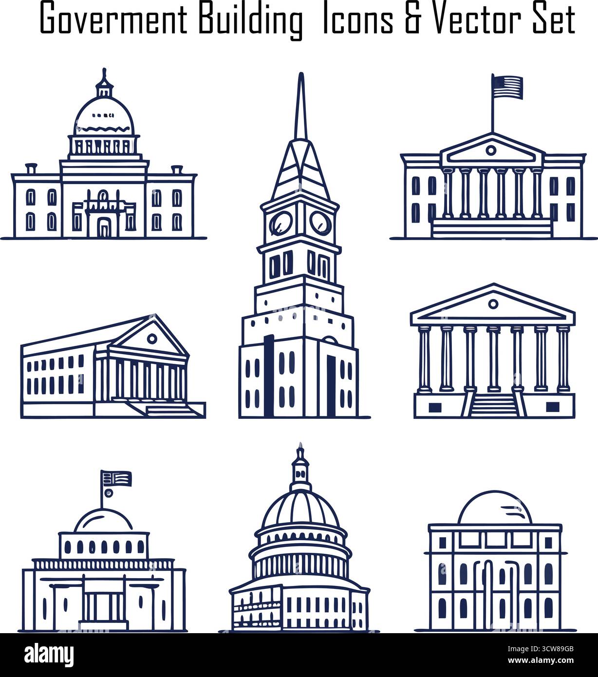 Set di icone degli edifici governativi: Parlamento, Campidoglio, Corte, Municipio, simboli di architettura ufficiali Illustrazione Vettoriale