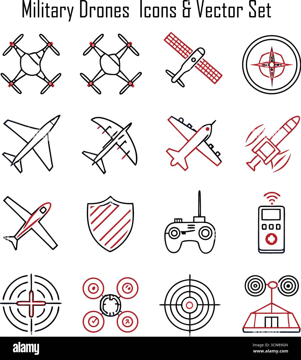 Set icone drone militare: UAV, aerei di sorveglianza, attacco aereo, simboli di tecnologia di guerra Illustrazione Vettoriale