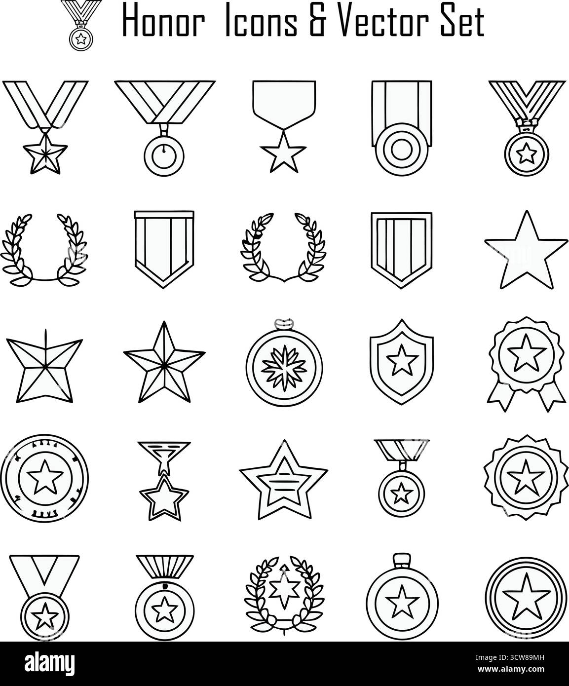 Set di icone Honor – Premio, rispetto, risultato, Medaglia e raccolta di vettori Symbol di riconoscimento Illustrazione Vettoriale
