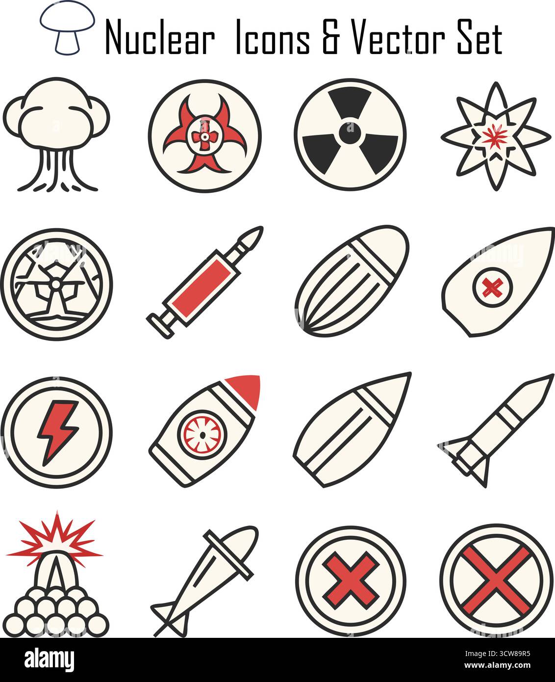 Set di icone nucleari - radiazioni, energia atomica, simboli di pericolo, segnali di avvertimento radioattivi" Illustrazione Vettoriale