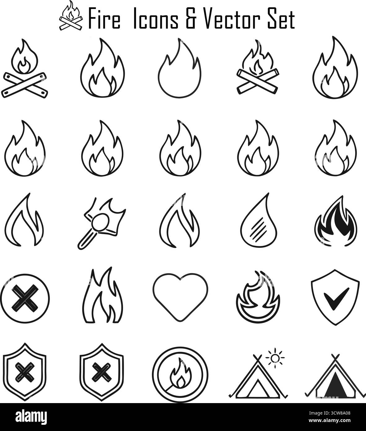 Set di icone antincendio – raccolta vettore simbolo di fiamma, bruciatura, calore, energia e sicurezza Illustrazione Vettoriale