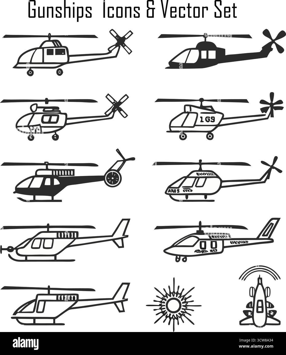 Set di icone di cannoniere - elicotteri militari, aerei da attacco, aerei da guerra, simboli di battaglia dell'aviazione Illustrazione Vettoriale