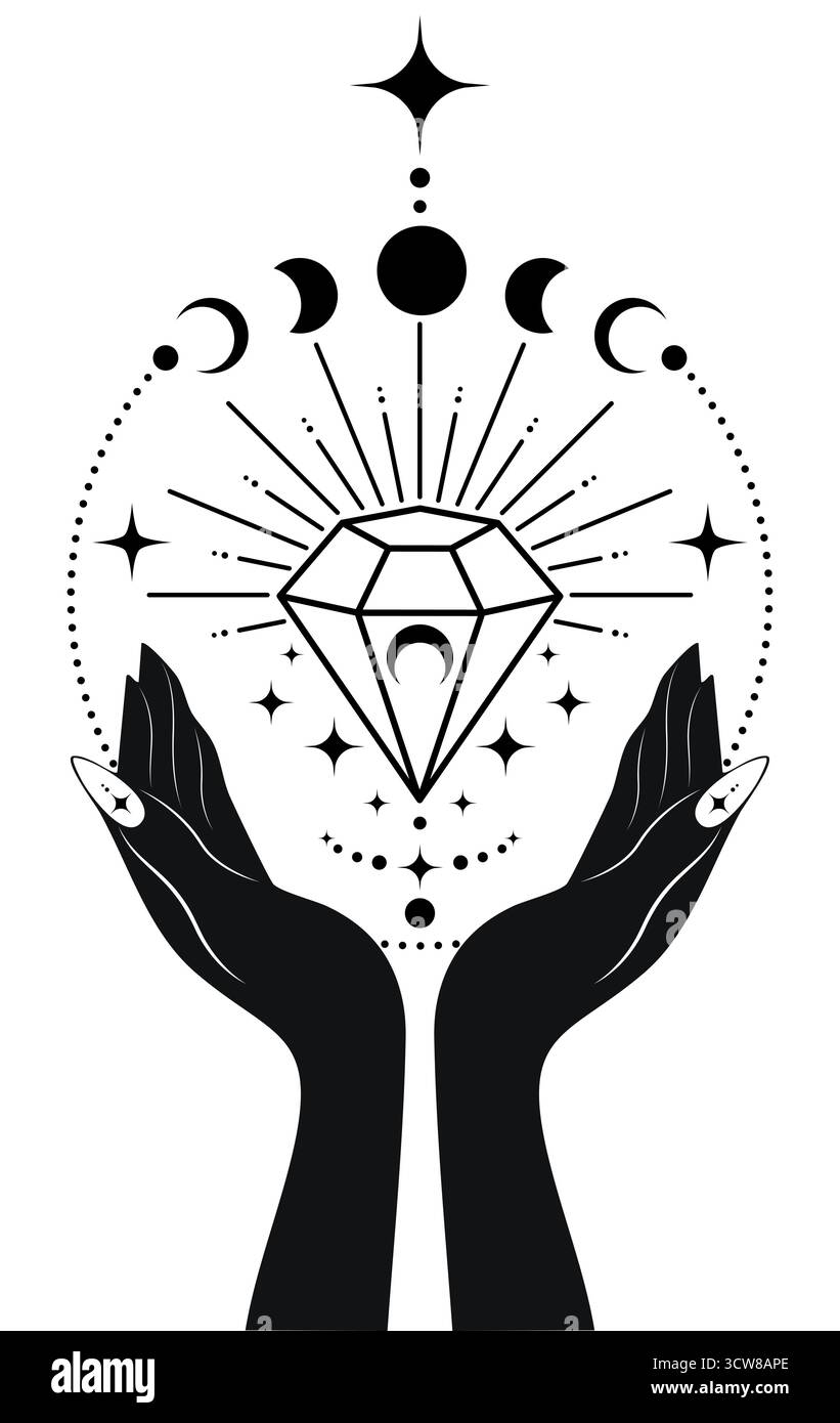 Fasi mistiche della Luna e gemma sacra nelle mani di un indovino. Magico clipart celeste di cristallo di yoga, spa, salone di bellezza, cosmetici, relax Illustrazione Vettoriale