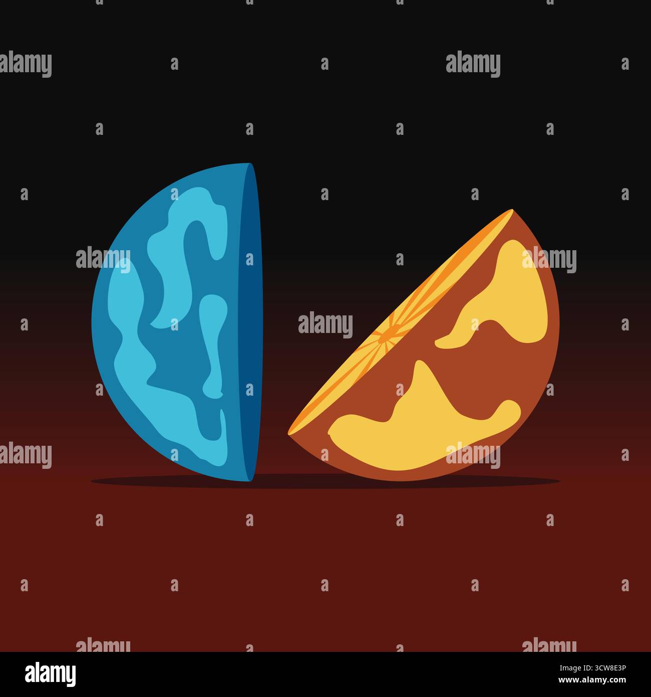 Un dettagliato pianeta arancione a metà mostra un design cosmico astratto, sfumature calde, stile futuristico e minimalismo moderno, perfetto per po Illustrazione Vettoriale