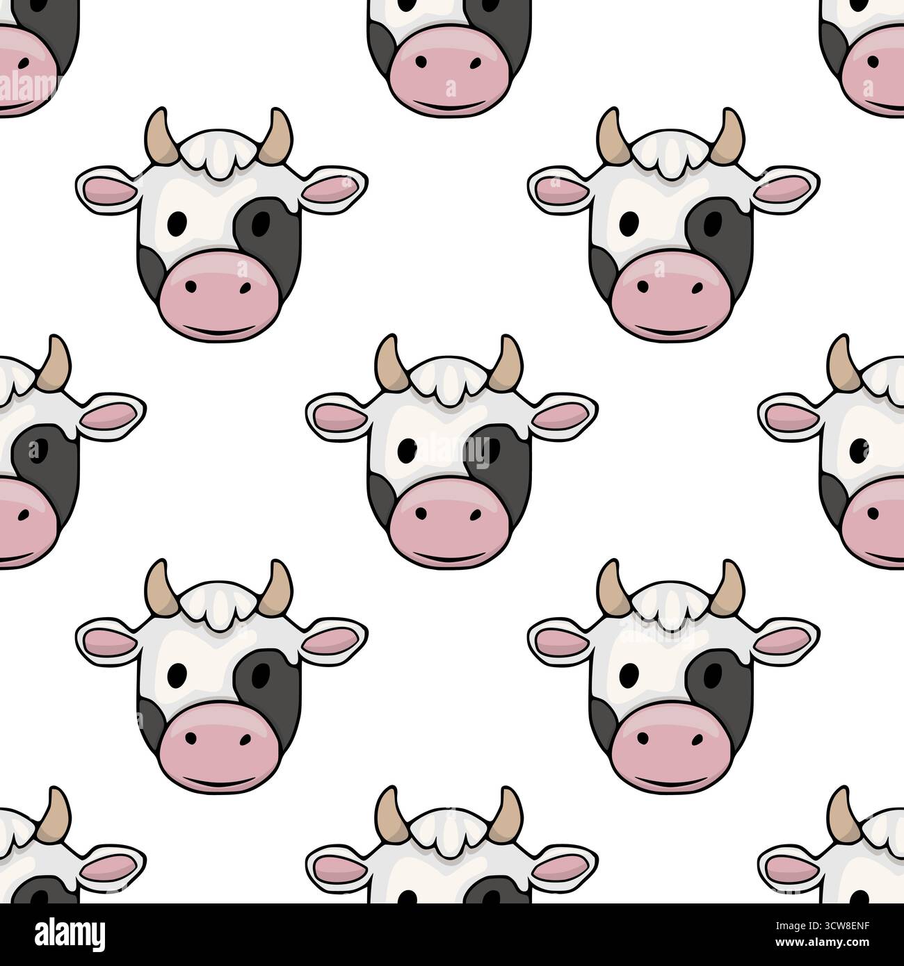 Un affascinante motivo vettoriale senza cuciture con adorabili visi di mucche cartoni animati con macchie bianche e nere, naso rosa ed espressioni delicate, a cui si aggiunge Illustrazione Vettoriale