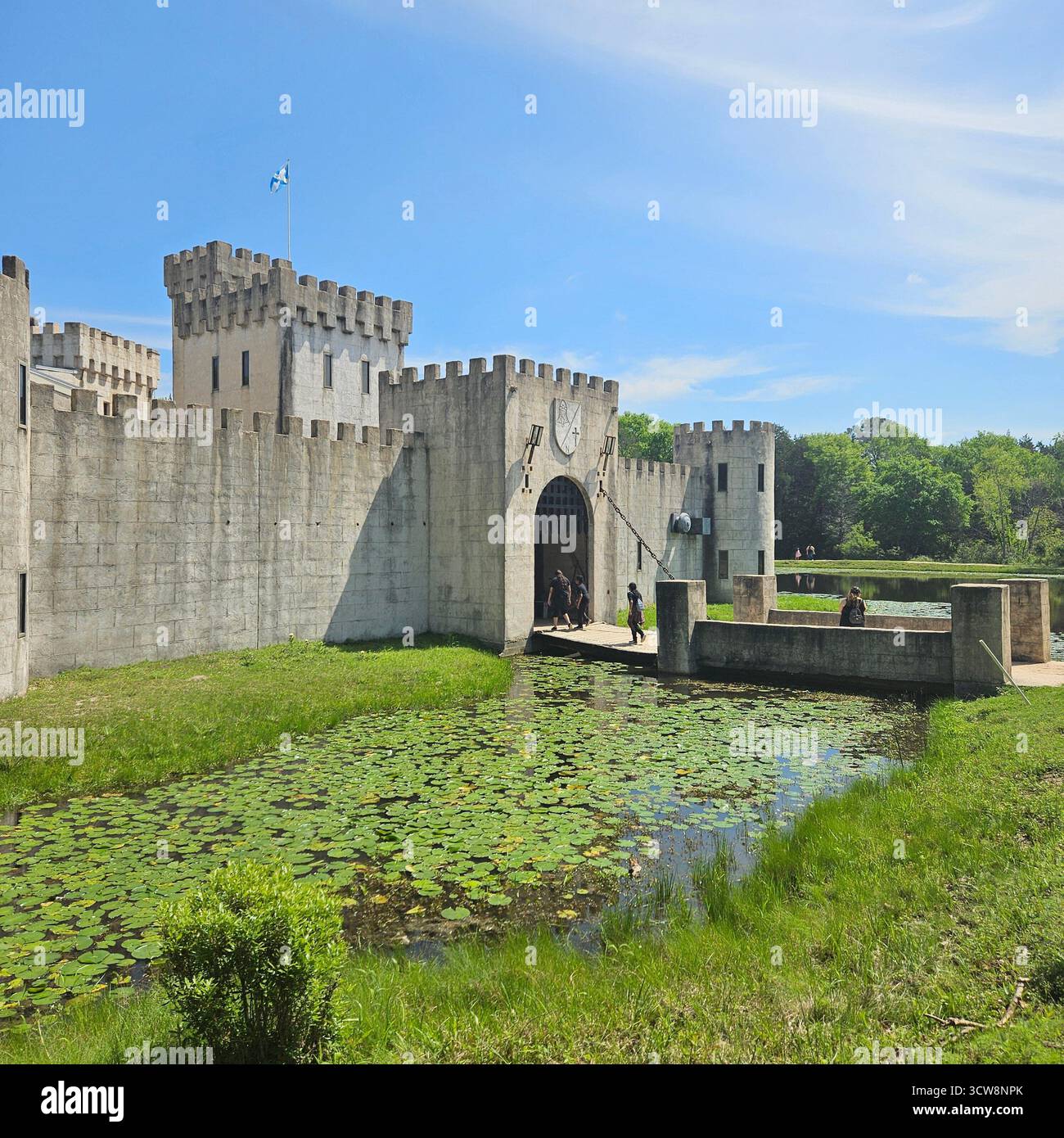 Castello di Bellville in stile medievale che si riflette in Pond with Water Lilies, Texas Foto Stock