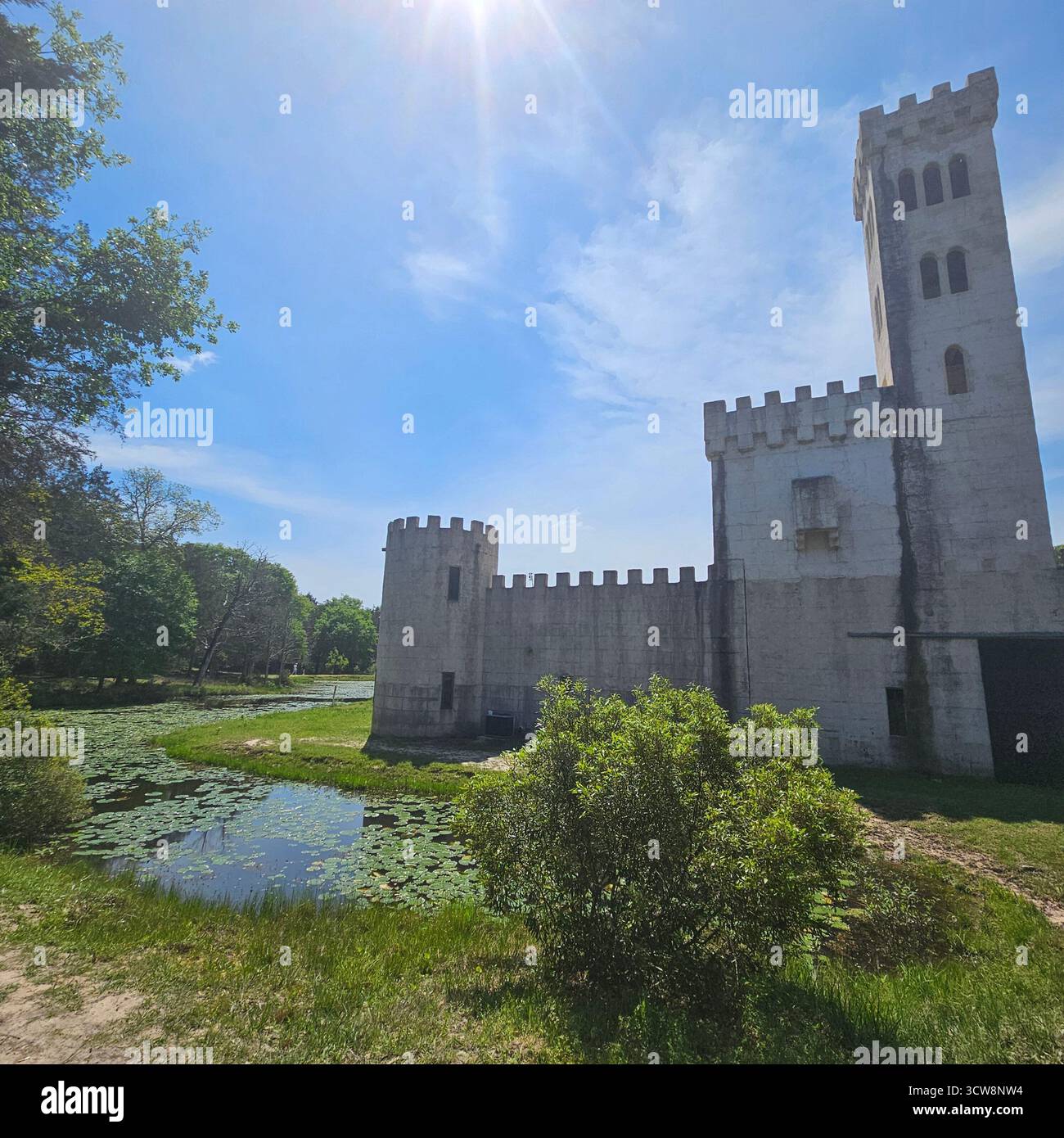 Castello di Bellville in stile medievale che si riflette in Pond with Water Lilies, Texas Foto Stock
