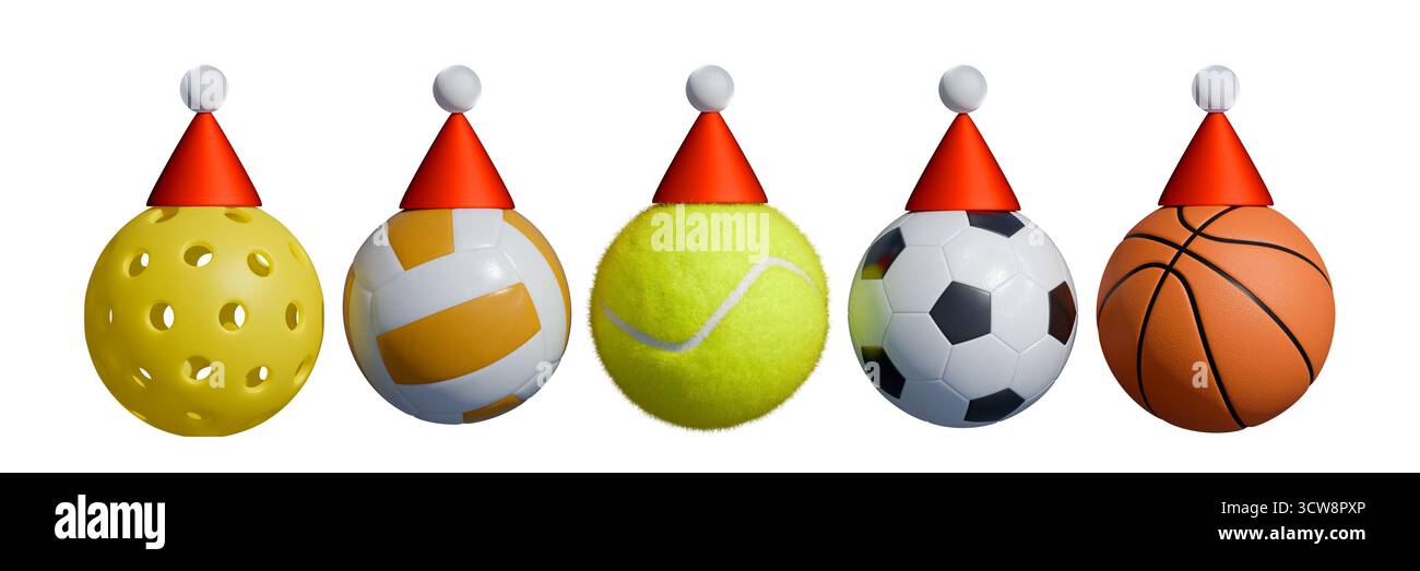 Vari palloni sportivi con cappelli di Babbo Natale che simboleggiano il Natale e le festività natalizie. rendering 3d. Foto Stock