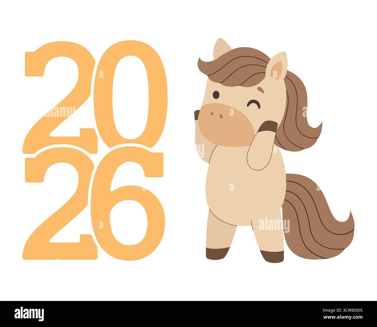 Simbolo del nuovo anno, cavallo e numeri 2026. Felice anno nuovo. Illustrazione vettoriale in stile piatto. Illustrazione Vettoriale