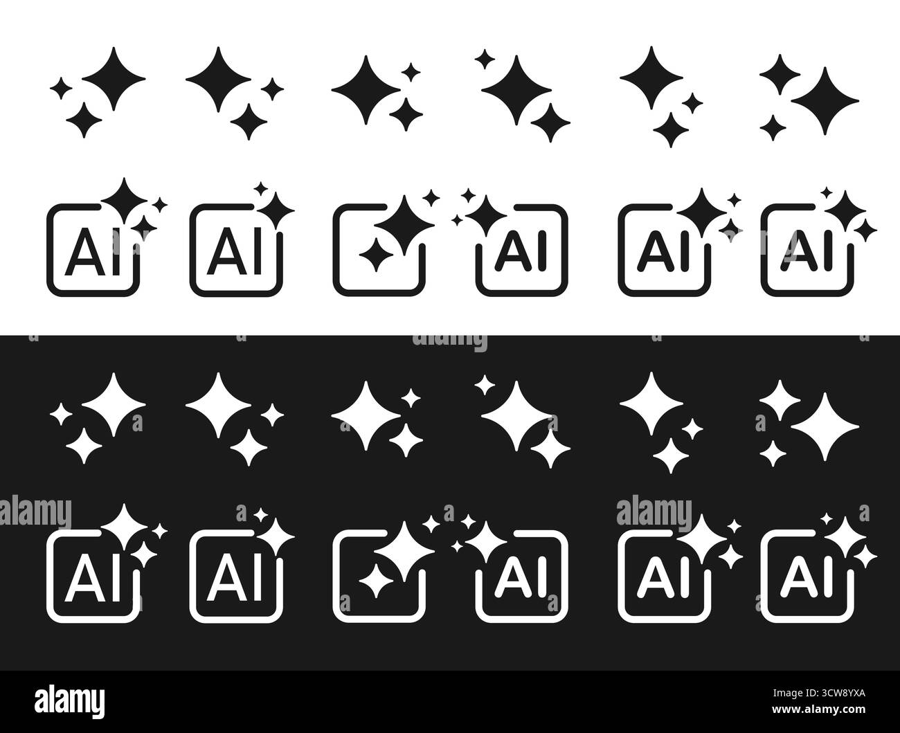 Una serie di icone di intelligenza artificiale generativa con una stella e una cornice quadrata su sfondo bianco e nero. Illustrazione Vettoriale