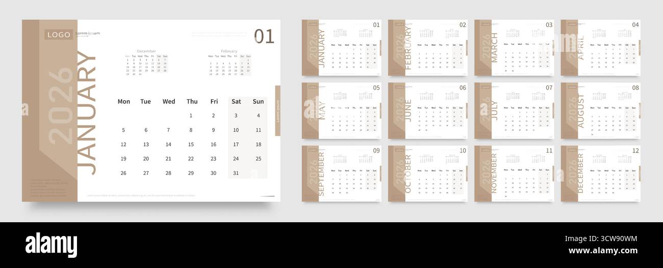 Il layout vettoriale del calendario beige e bianco con l'inizio della settimana di lunedì. Illustrazione Vettoriale