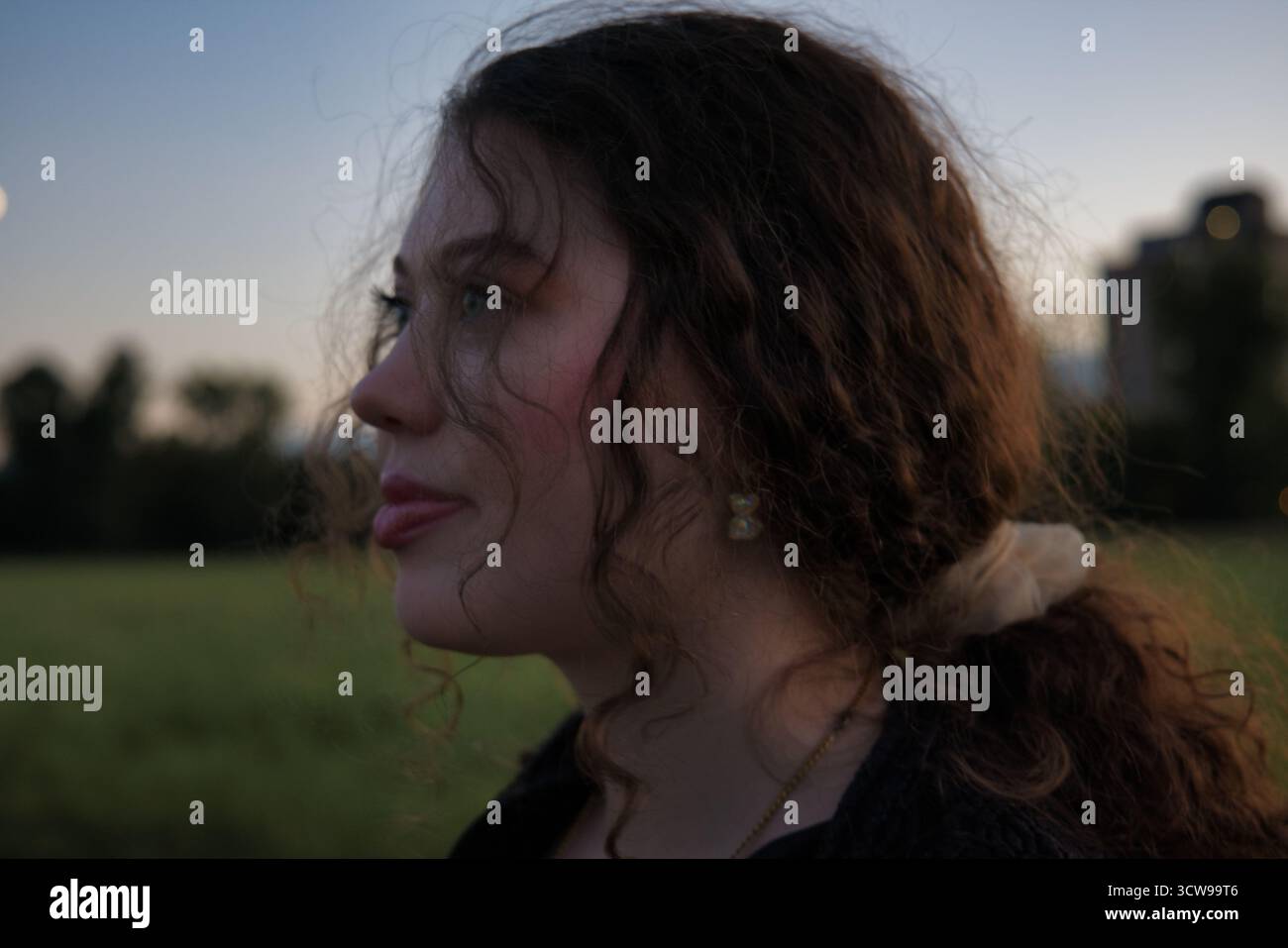 Giovane donna contemplativa in profilo laterale al tramonto con capelli ricci e cielo illuminato dalla luna in un campo all'aperto tranquillo per un'atmosfera riflettente e la sera Foto Stock