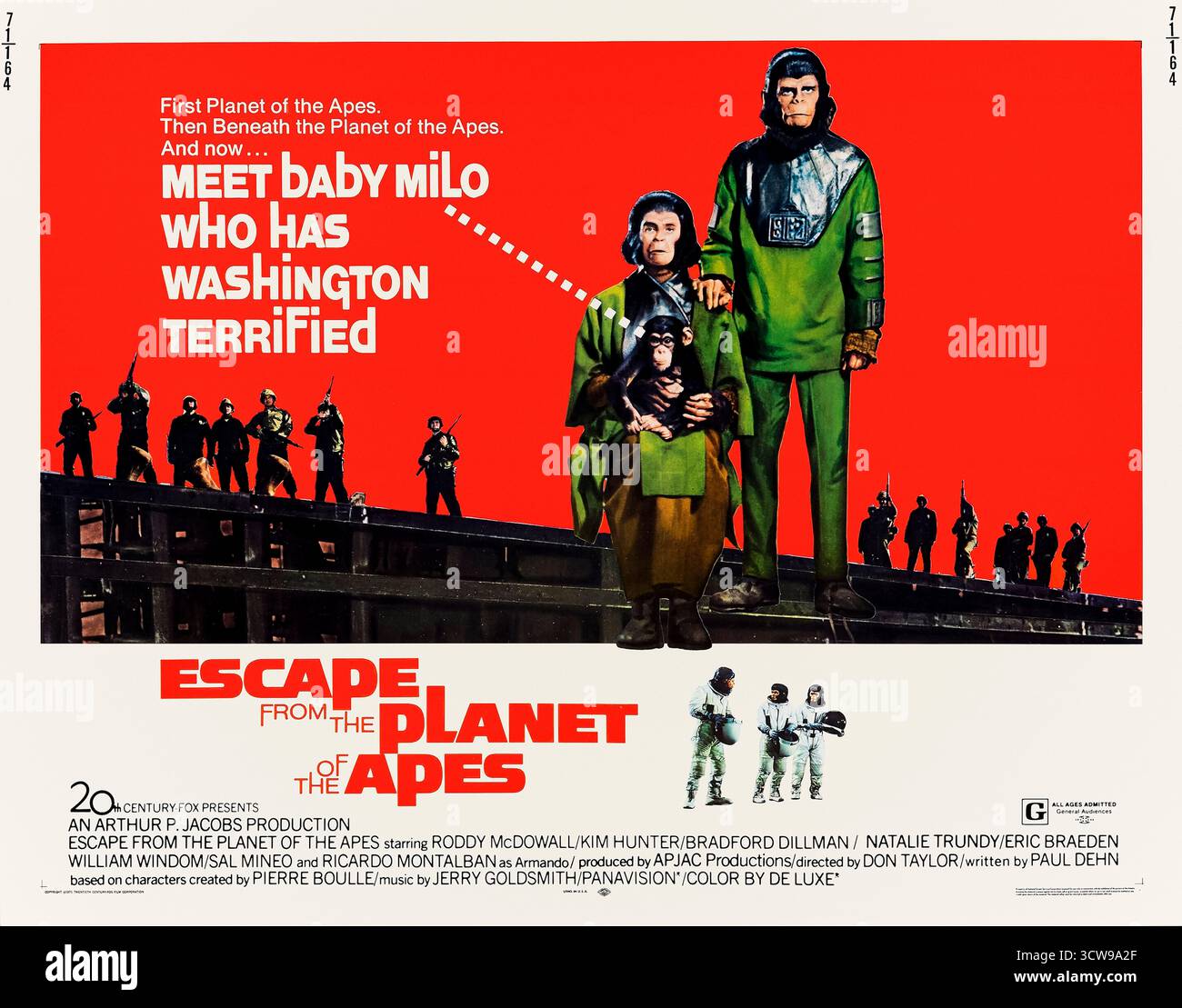 Escape from the Planet of the Apes (1971) diretto da Don Taylor e interpretato da Roddy McDowall, Kim Hunter e Bradford Dillman. Tre scimmie intelligenti viaggiano indietro nel 1970 a Los Angeles e affrontano la paura e gli intrighi umani. Fotografia di un poster da mezzo foglio originale statunitense del 1971, SOLO PER USO EDITORIALE. Crediti: BFA / 20th Century Fox Foto Stock